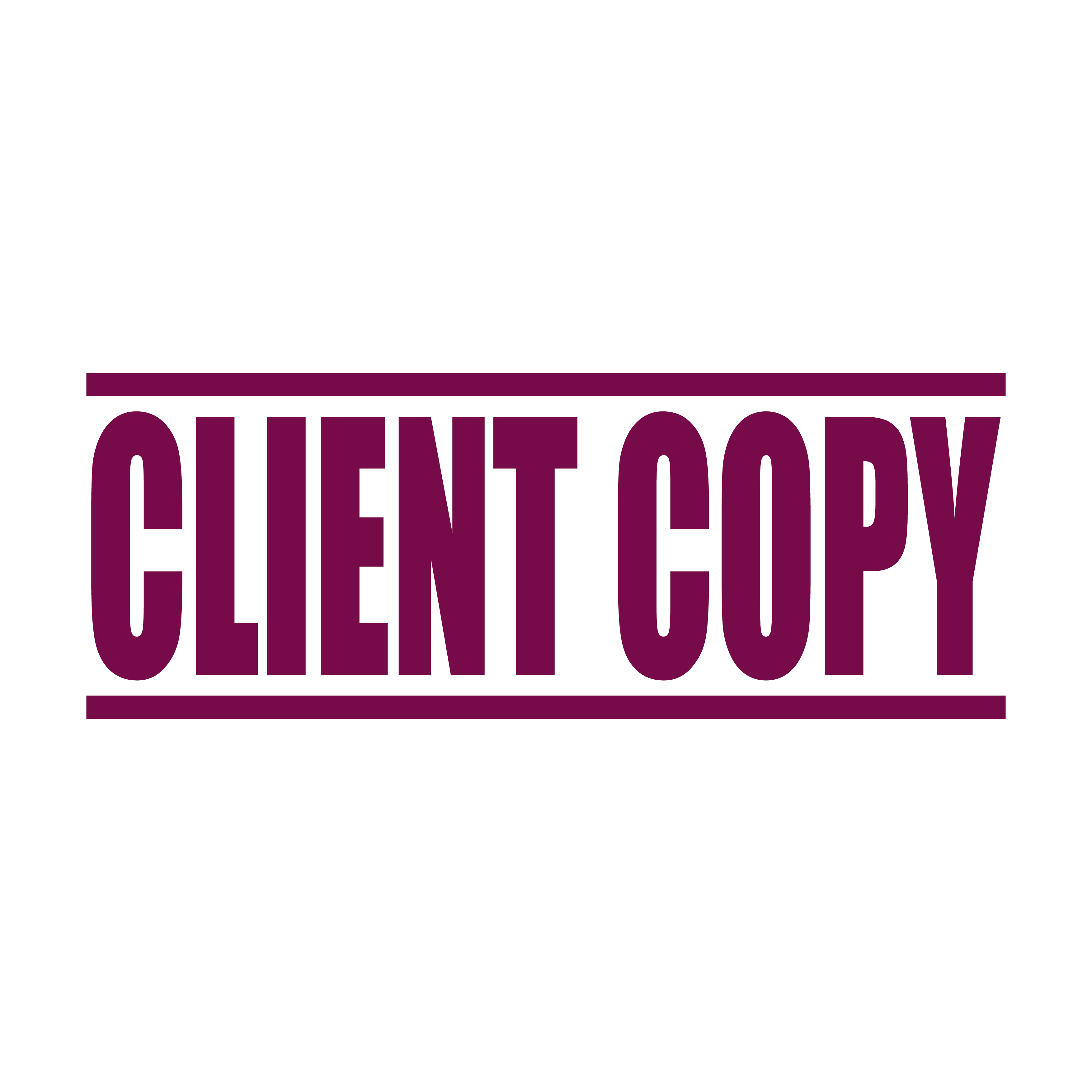 "A maroon self inking rubber stamp with the word 'CLIENT COPY' printed in bold capital letters in maroon ink. stampers hand stamp office business inventory documents maroon ink
"