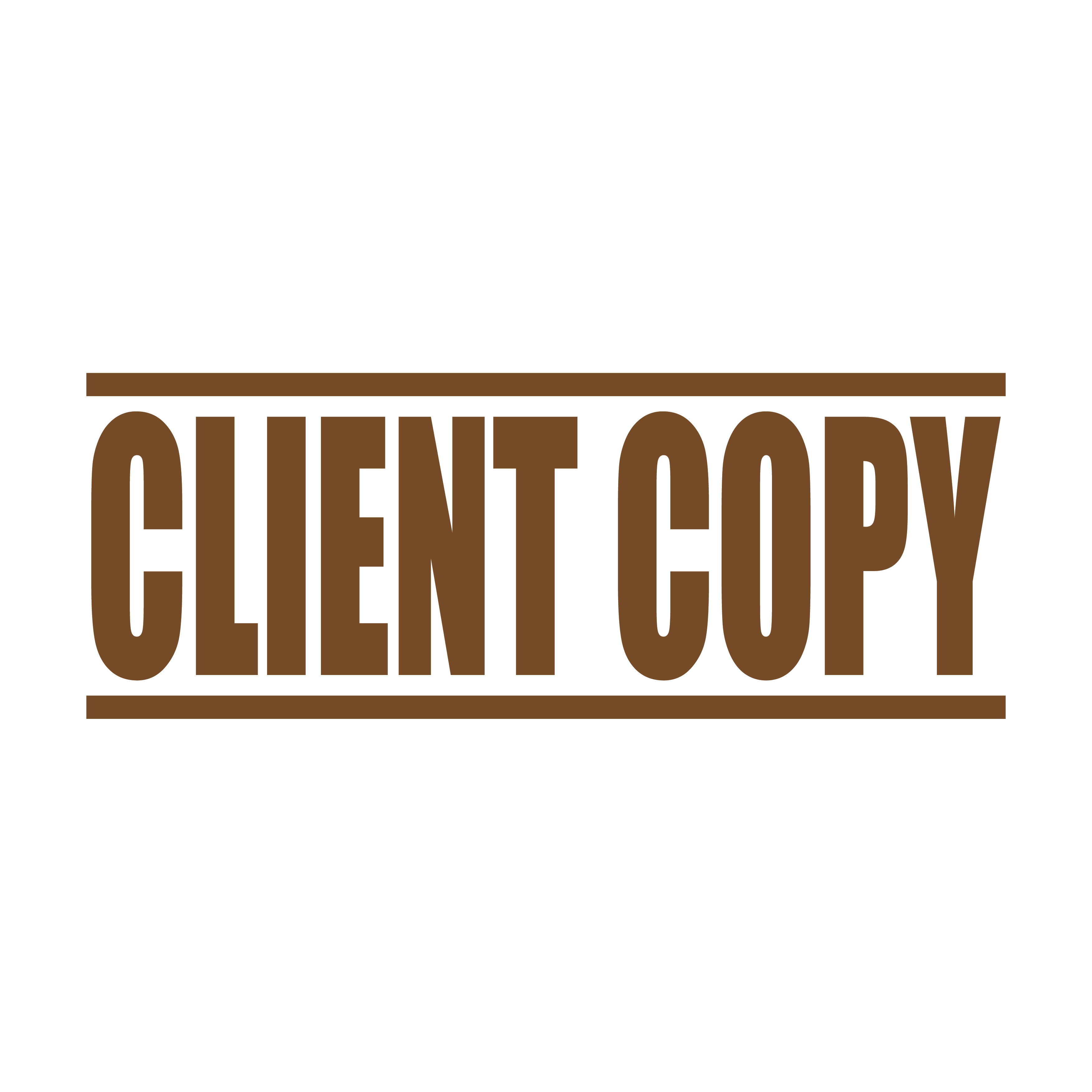 "A brown self inking rubber stamp with the word 'CLIENT COPY' printed in bold capital letters in brown ink. stampers hand stamp office business inventory documents brown ink
"