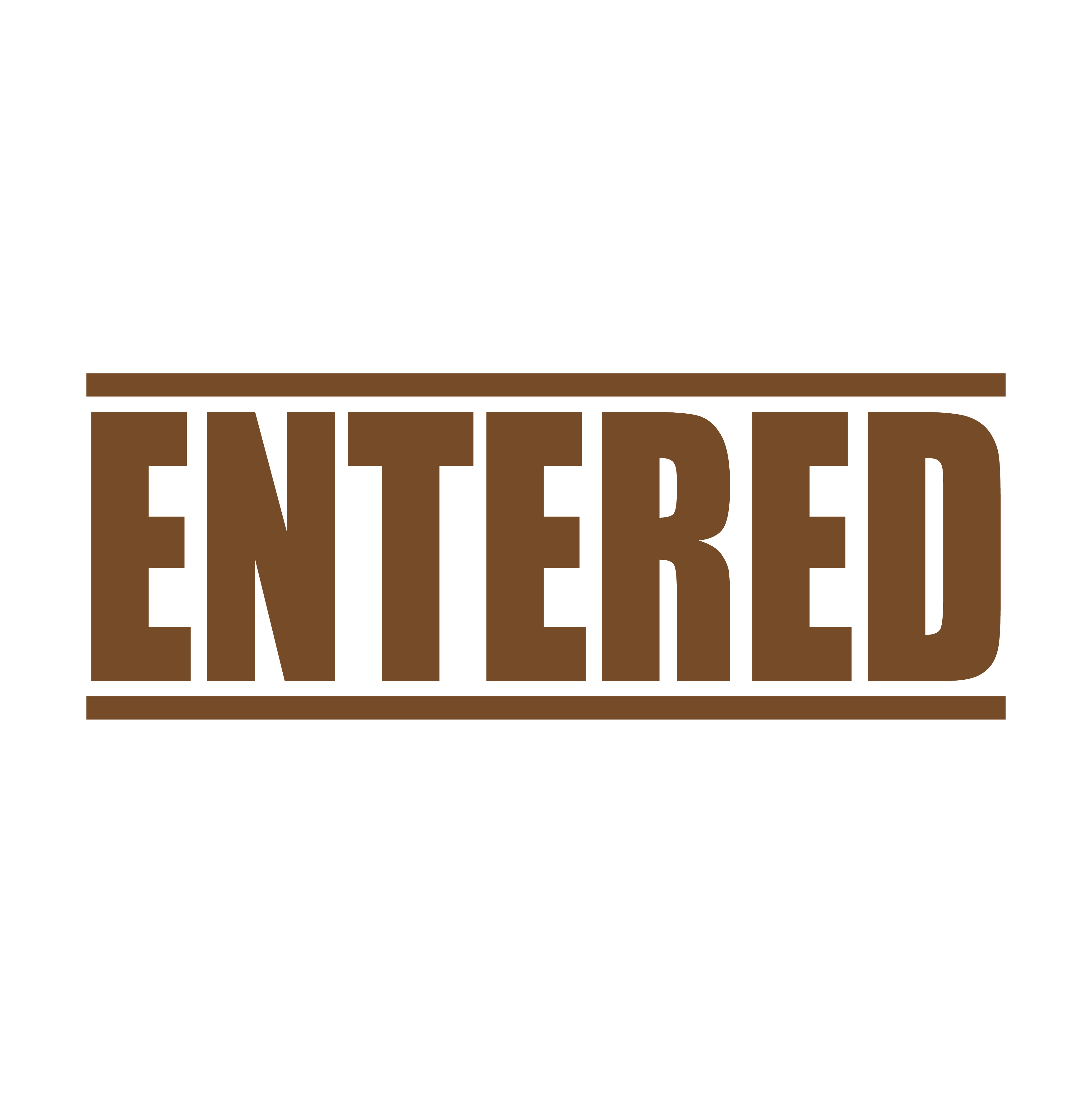 A brown self inking rubber stamp with the word 'ENTERED' printed in bold capital letters in brown ink. stampers hand stamp office business inventory documents brown ink