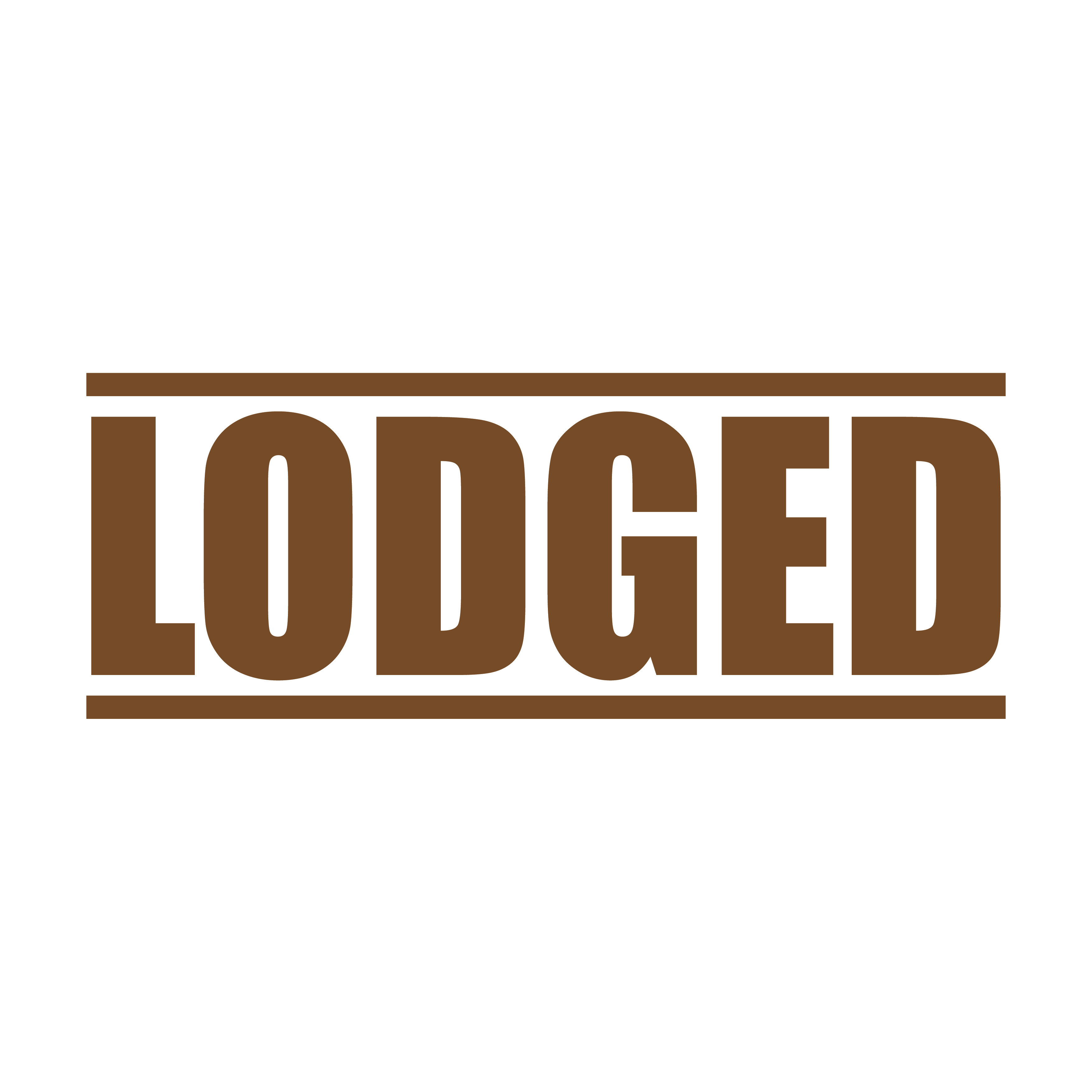 A brown self inking rubber stamp with the word 'Lodged' printed in bold capital letters in brown ink. stampers hand stamp office business inventory documents