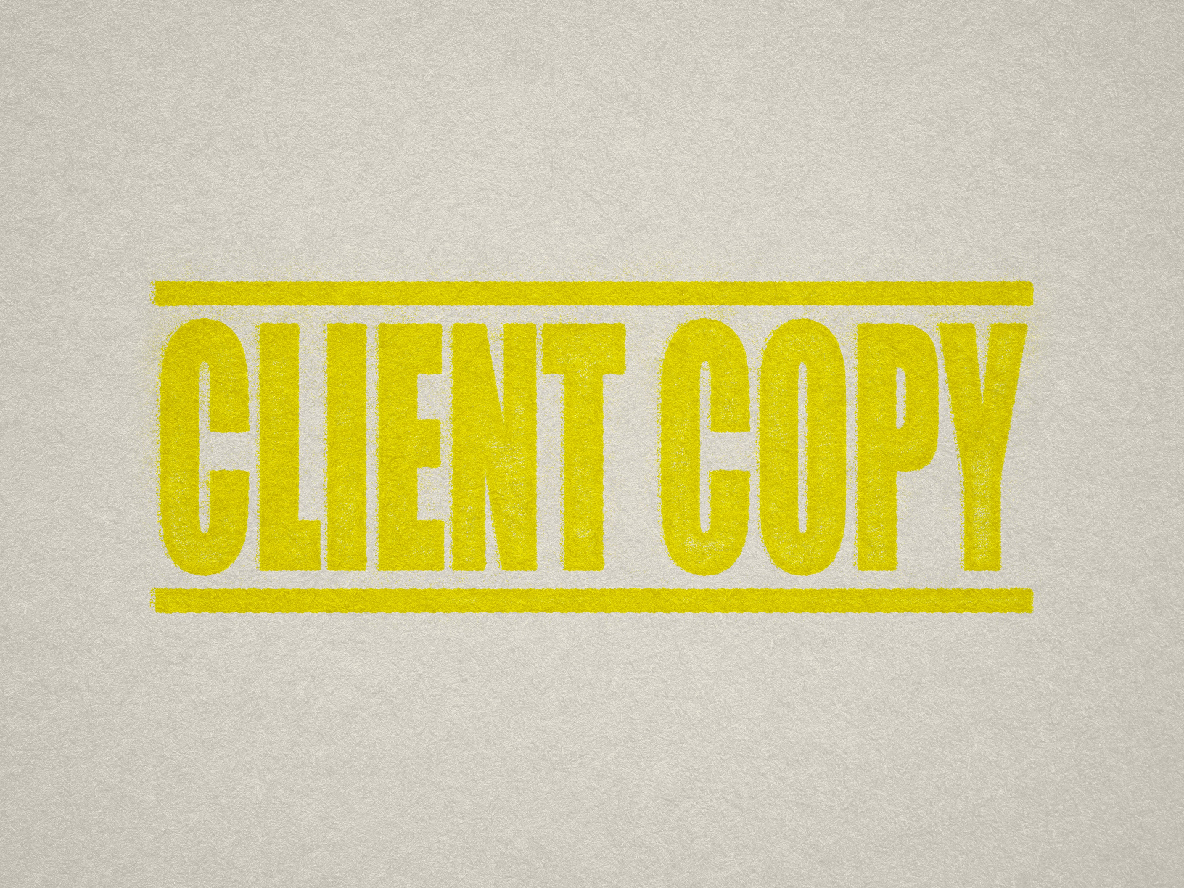 Mock up design or lifestyle image of 'CLIENT COPY' rubber stamp yellow ink in paper background stampers hand stamp office business inventory documents self inking prefill refillable stamps stamping