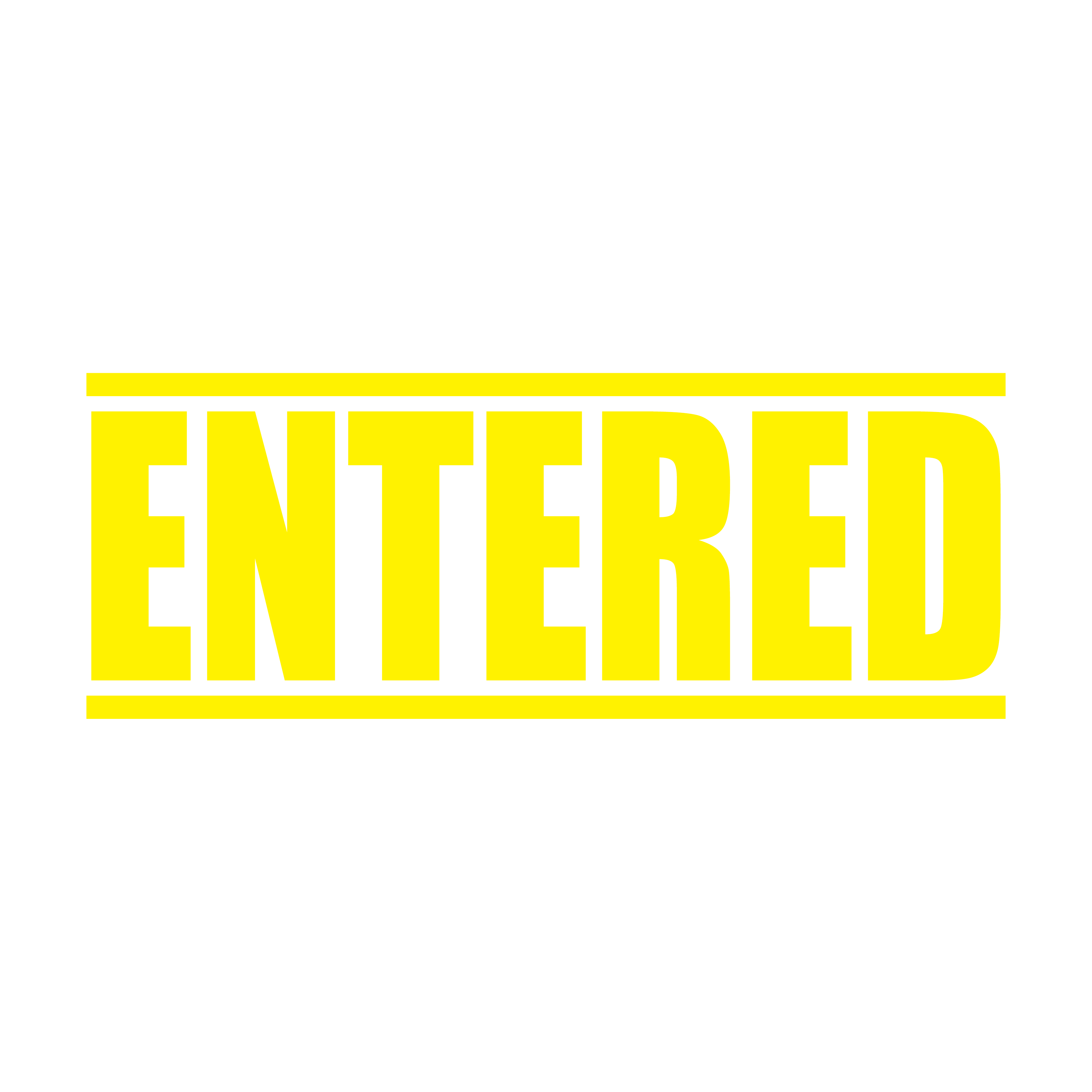 A yellow self inking rubber stamp with the word 'ENTERED' printed in bold capital letters in yellow ink. stampers hand stamp office business inventory documents yellow ink