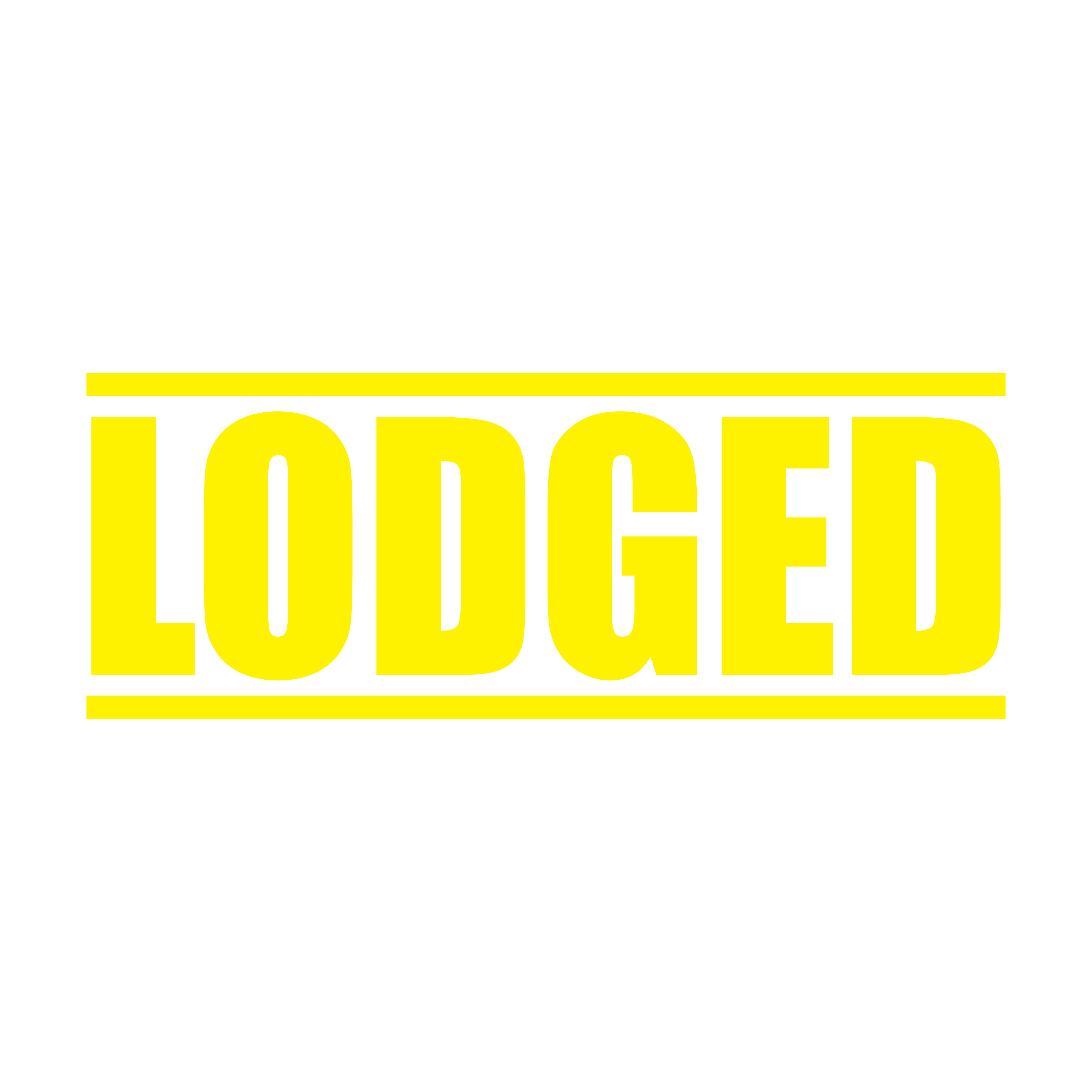 A yellow self inking rubber stamp with the word 'Lodged' printed in bold capital letters in yellow ink. stampers hand stamp office business inventory documents