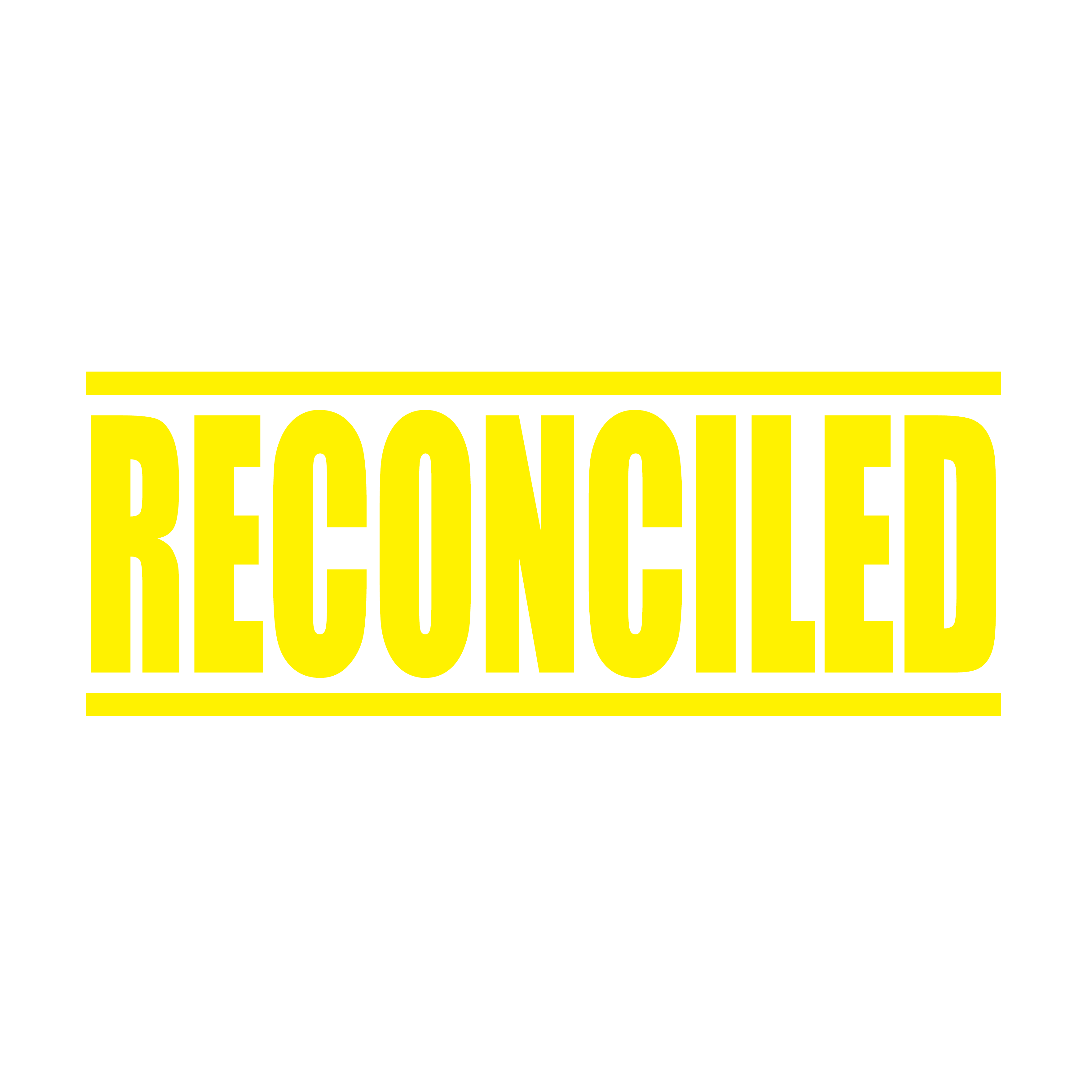 A yellow self inking rubber stamp with the word 'RECONCILED' printed in bold capital letters in yellow ink. stampers hand stamp office business inventory documents yellow ink