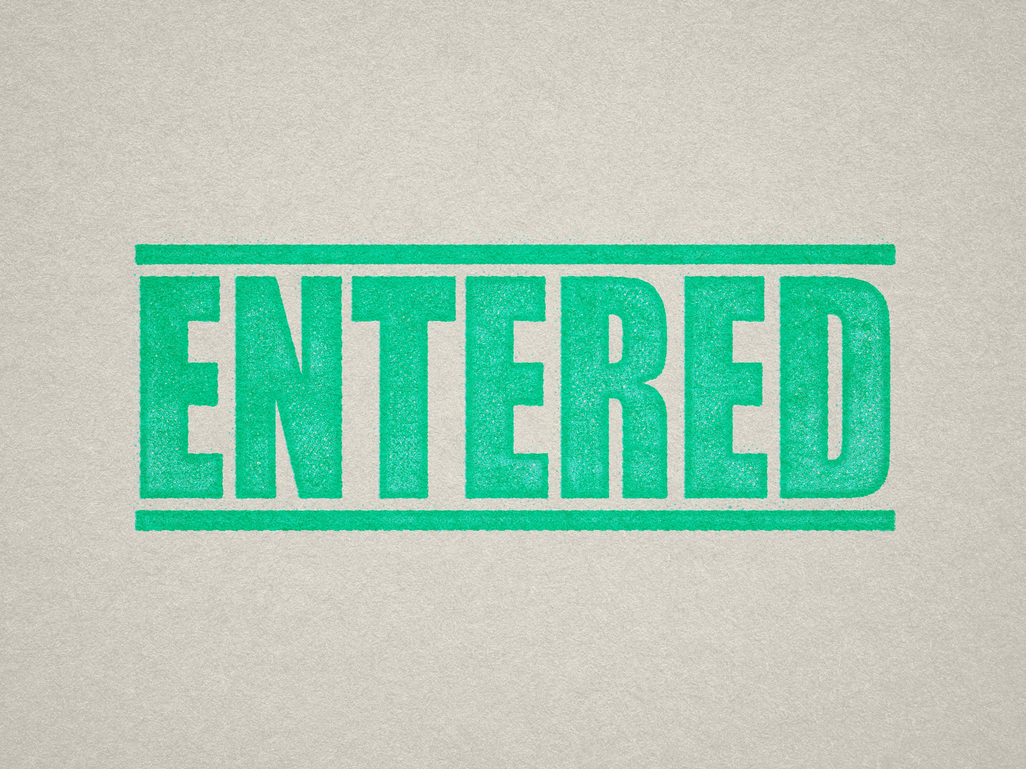 Mock up design or lifestyle image of 'ENTERED' rubber stamp mint ink in paper background stampers hand stamp office business inventory documents self inking prefill refillable stamps stamping
