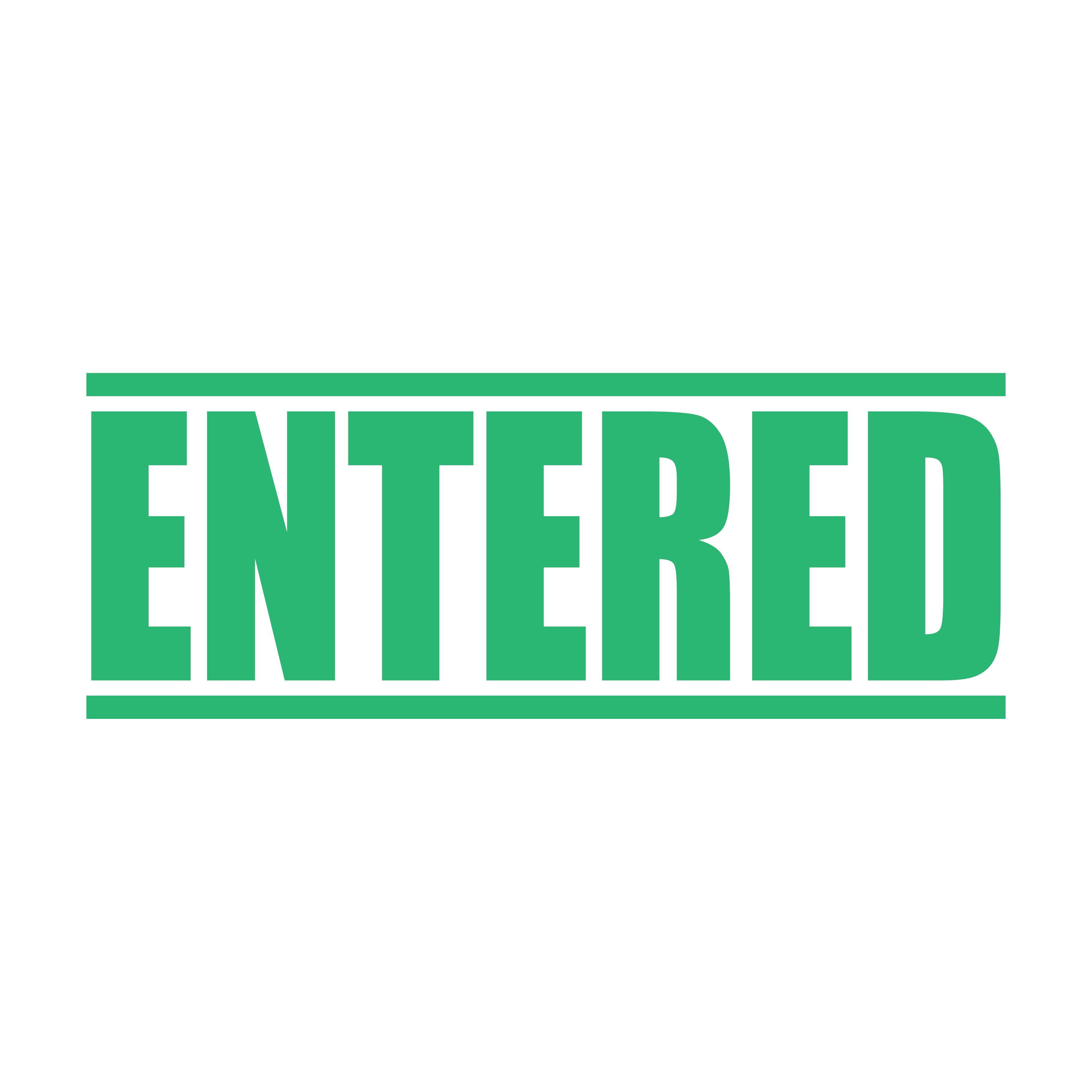 A mint self inking rubber stamp with the word 'ENTERED' printed in bold capital letters in mint ink. stampers hand stamp office business inventory documents mint ink