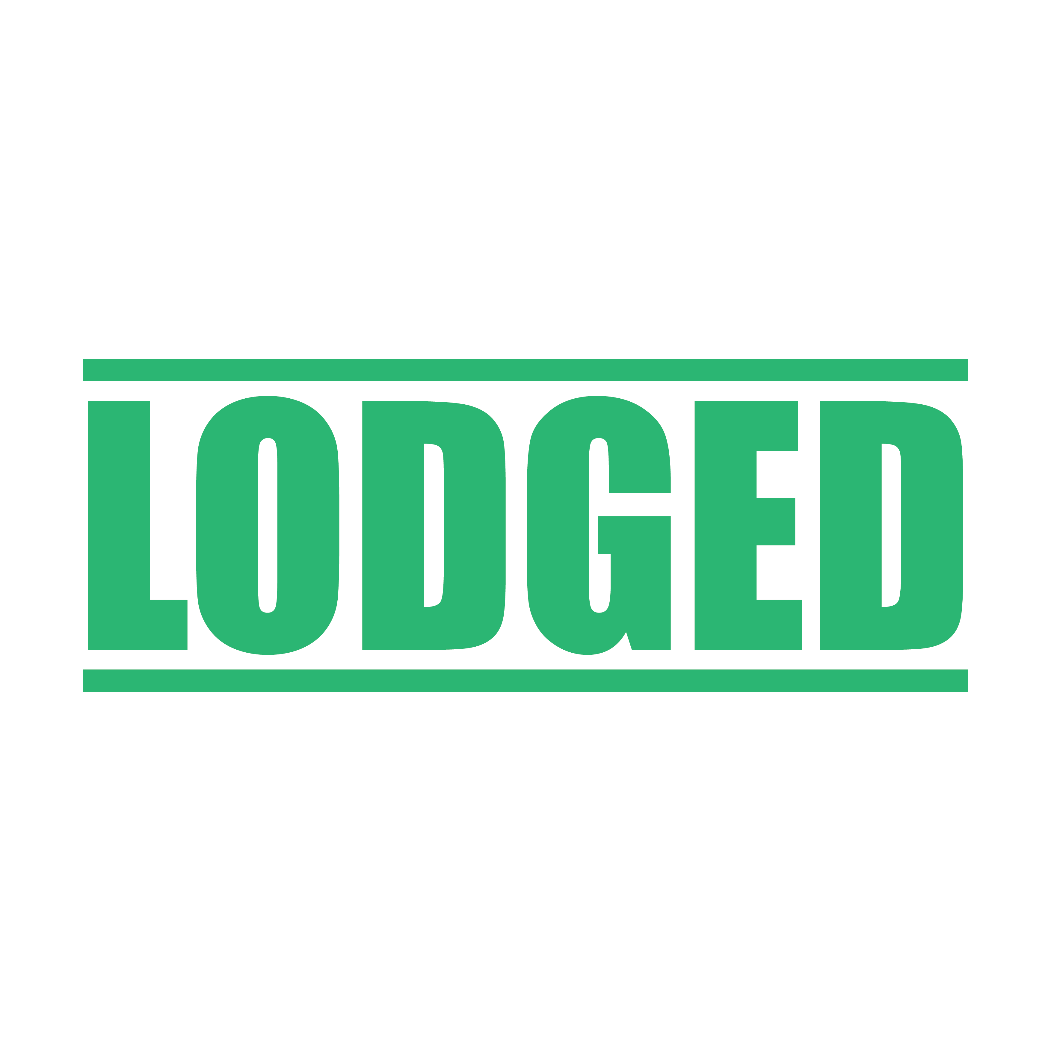 A mint self inking rubber stamp with the word 'Lodged' printed in bold capital letters in mint ink. stampers hand stamp office business inventory documents