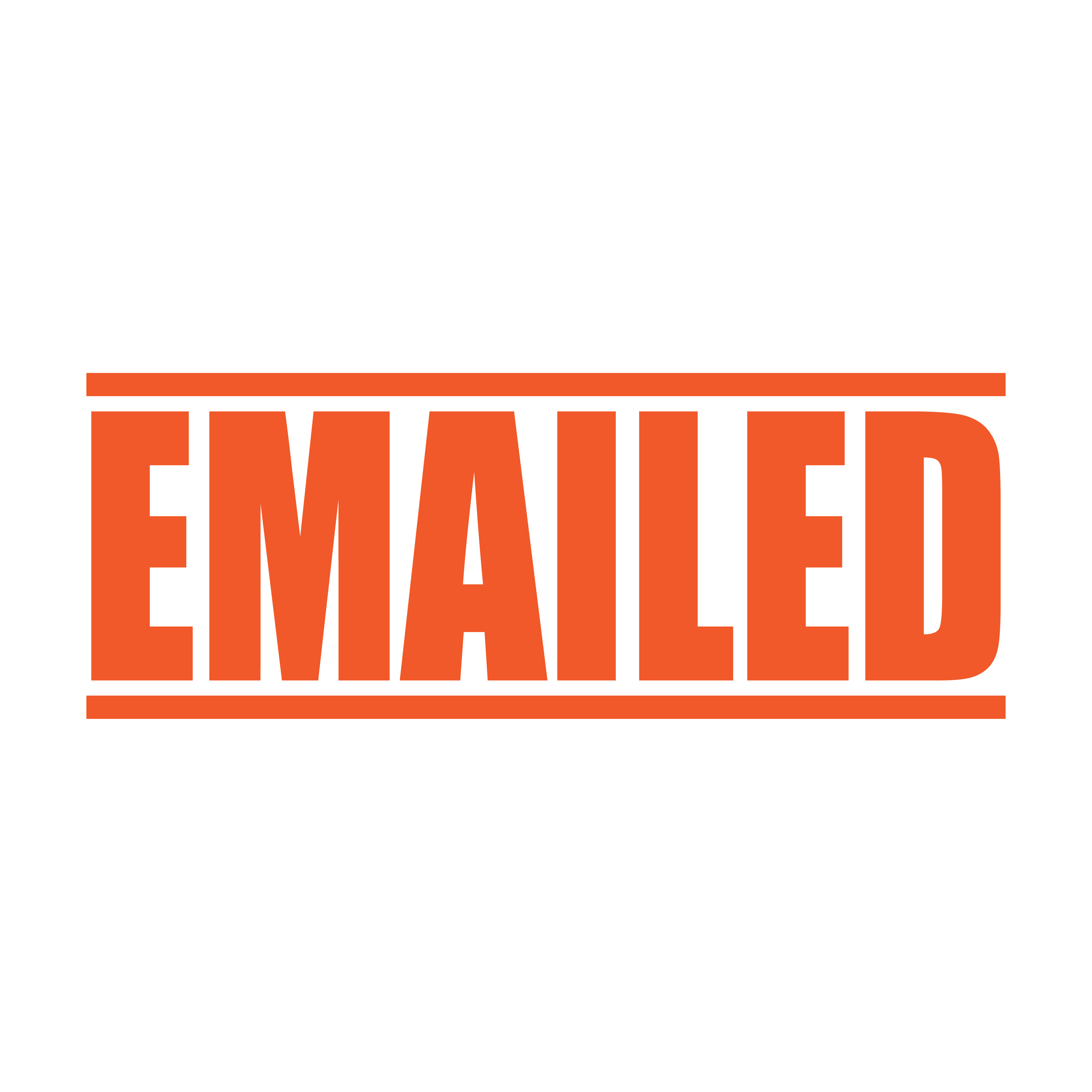 A orange self inking rubber stamp with the word 'EMAILED' printed in bold capital letters in orange ink. stampers hand stamp office business inventory documents