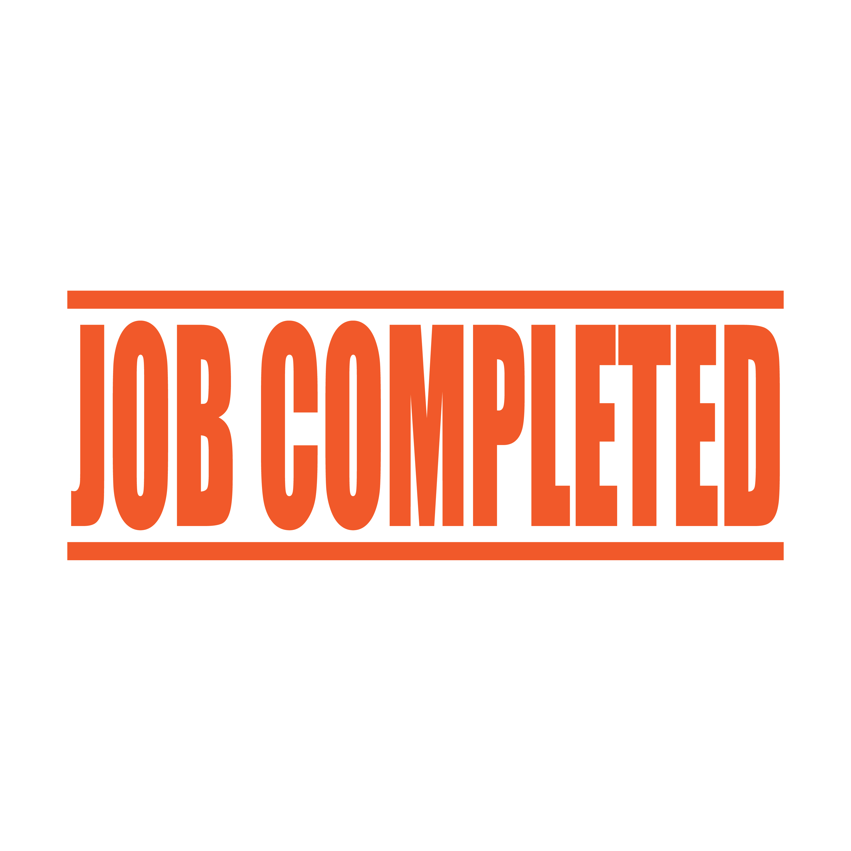A orange self inking rubber stamp with the word 'Job Completed' printed in bold capital letters in orange ink. stampers hand stamp office business inventory documents self inking prefill refillable stamps stamping