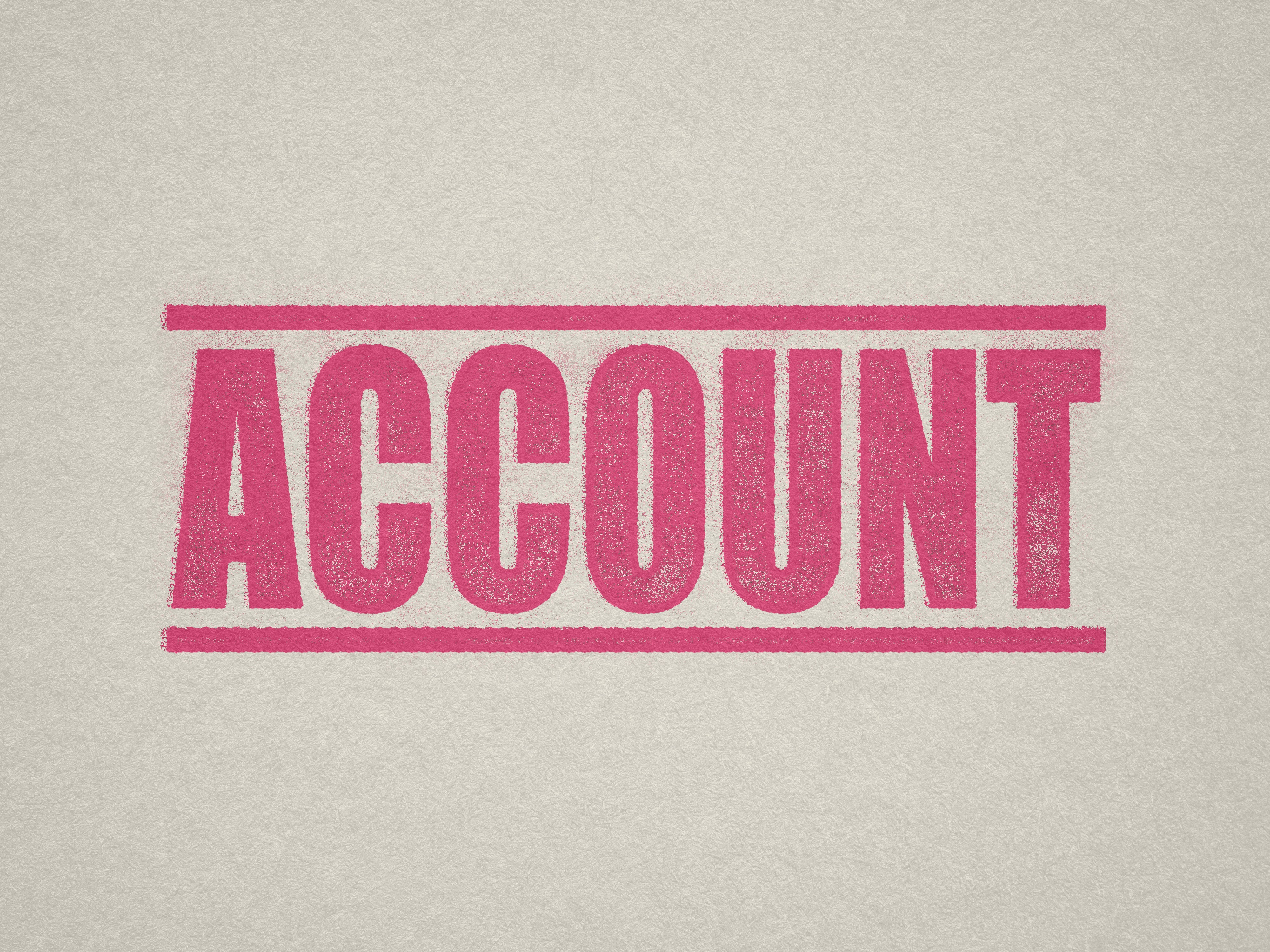 mock up design of 'Account' rubber stamp pink ink in paper background stampers hand stamp office business inventory documents self inking prefill refillable stamps stamping