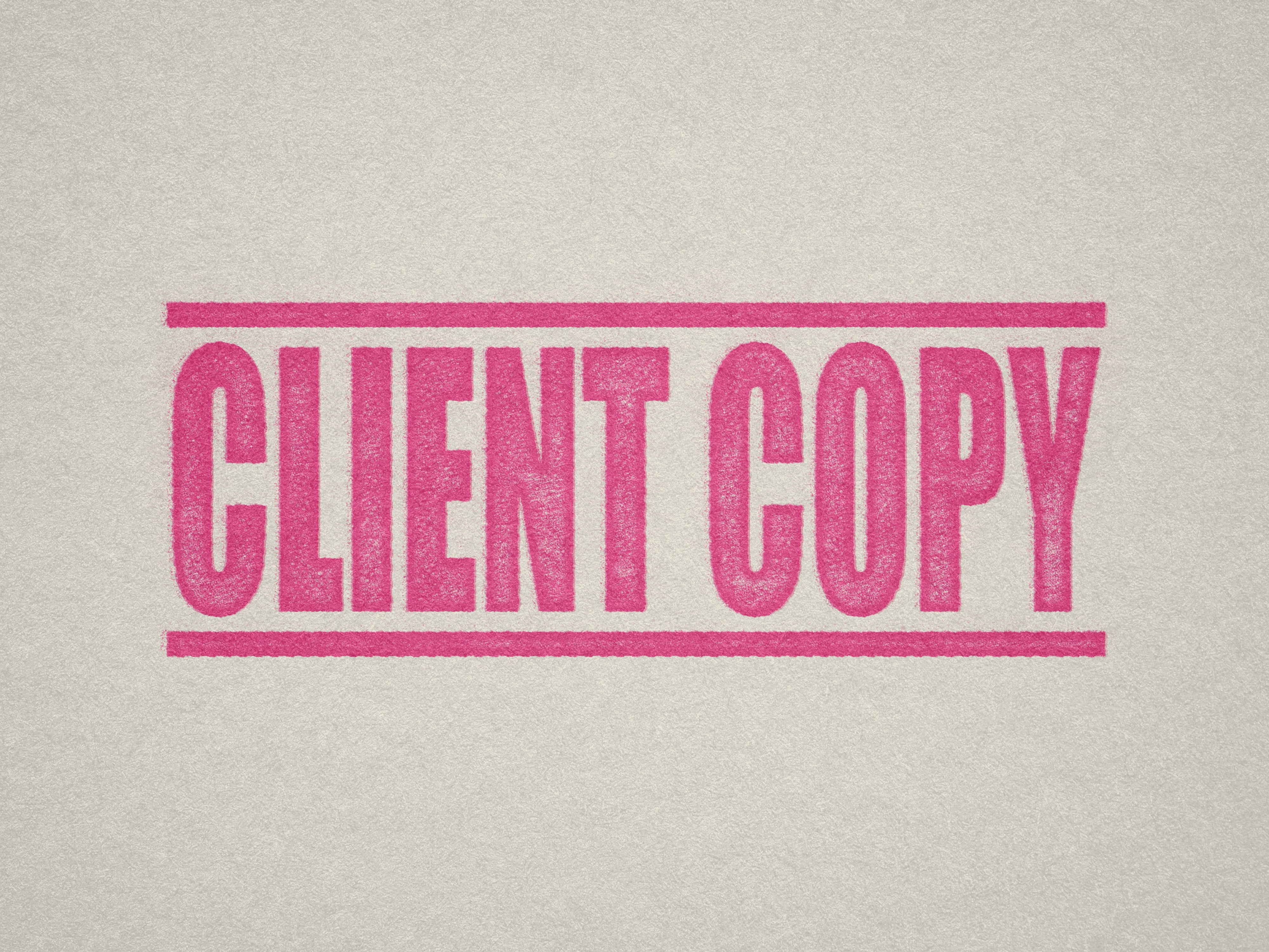 Mock up design or lifestyle image of 'CLIENT COPY' rubber stamp pink ink in paper background stampers hand stamp office business inventory documents self inking prefill refillable stamps stamping