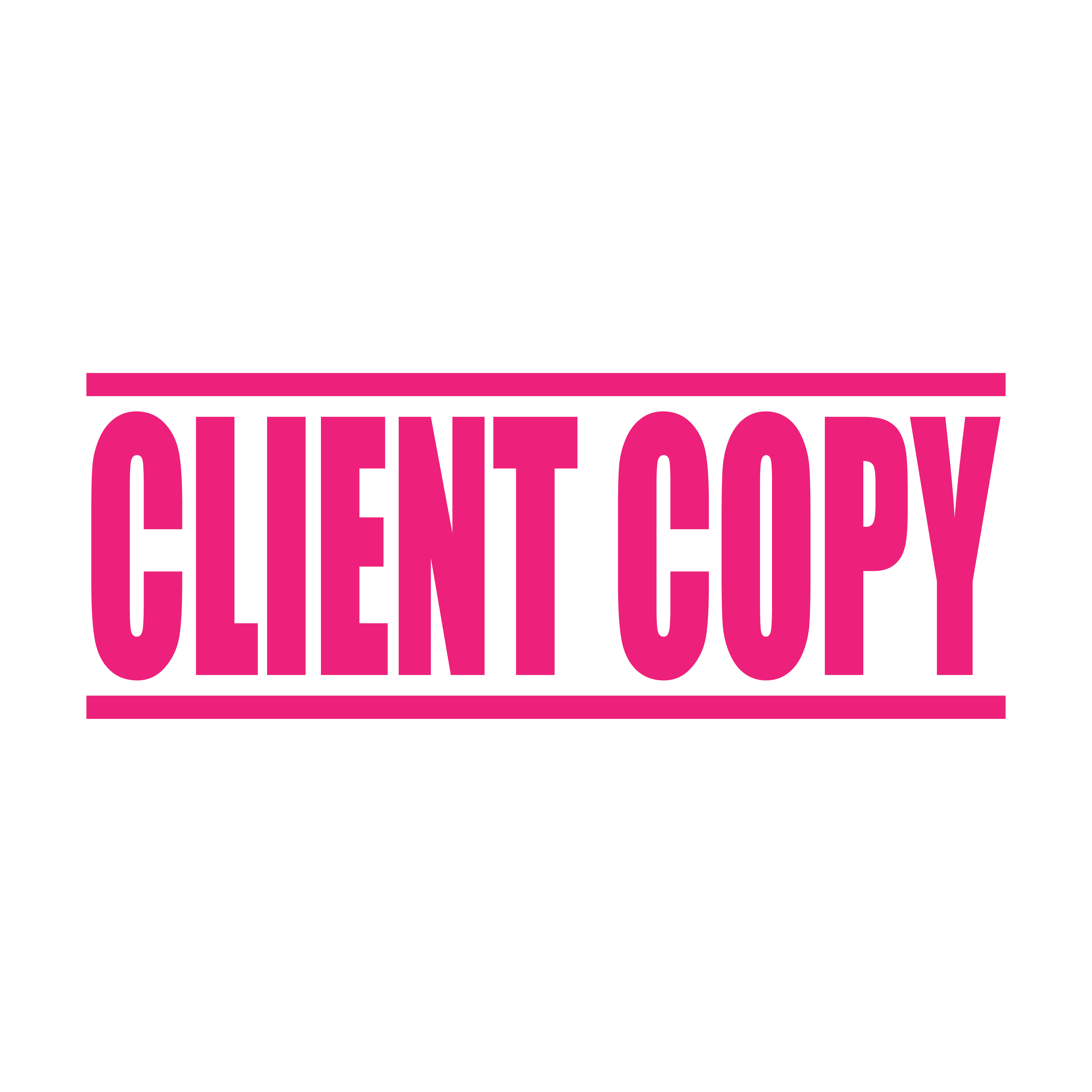 "A pink self inking rubber stamp with the word 'CLIENT COPY' printed in bold capital letters in pink ink. stampers hand stamp office business inventory documents pink ink
"