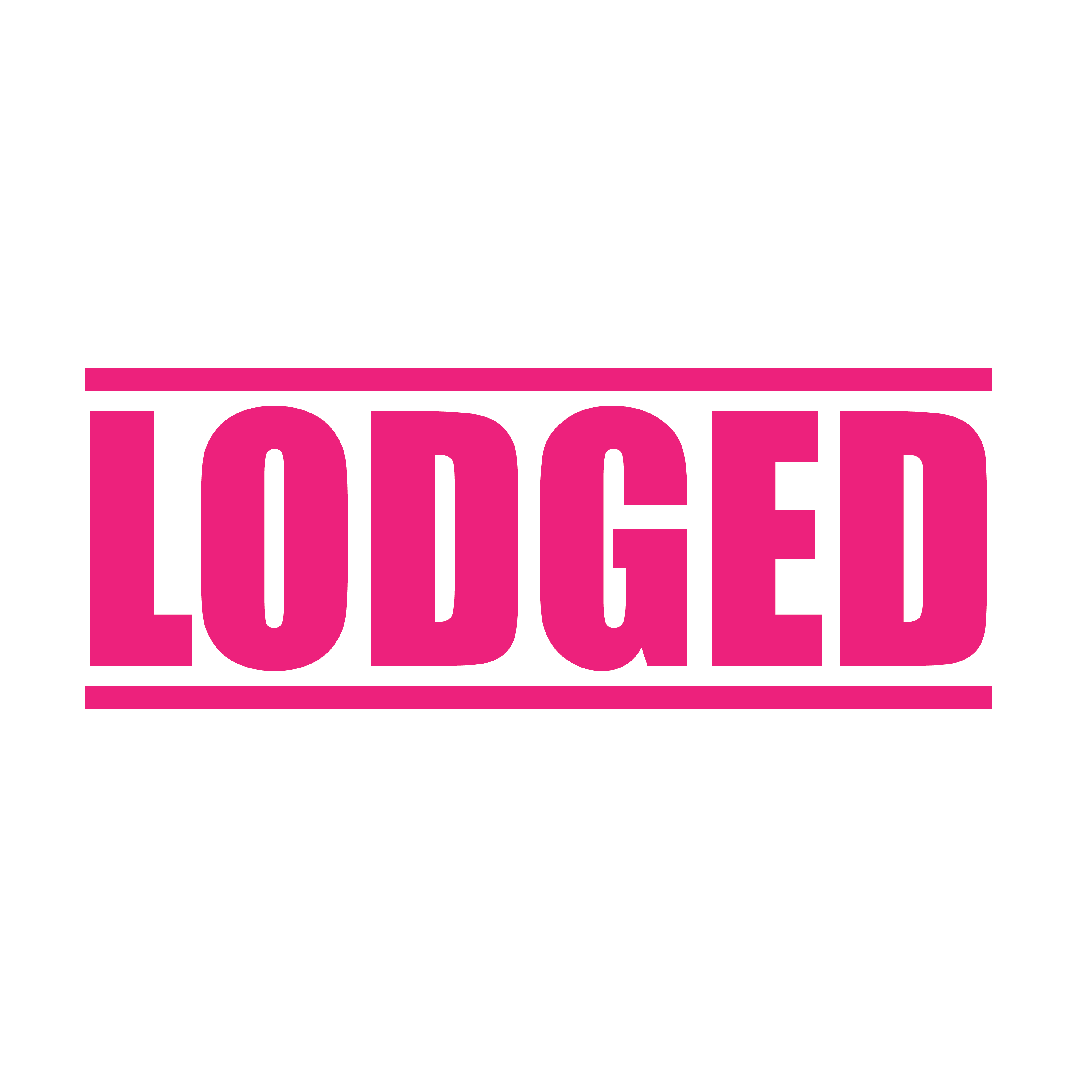 A pink self inking rubber stamp with the word 'Lodged' printed in bold capital letters in pink ink. stampers hand stamp office business inventory documents