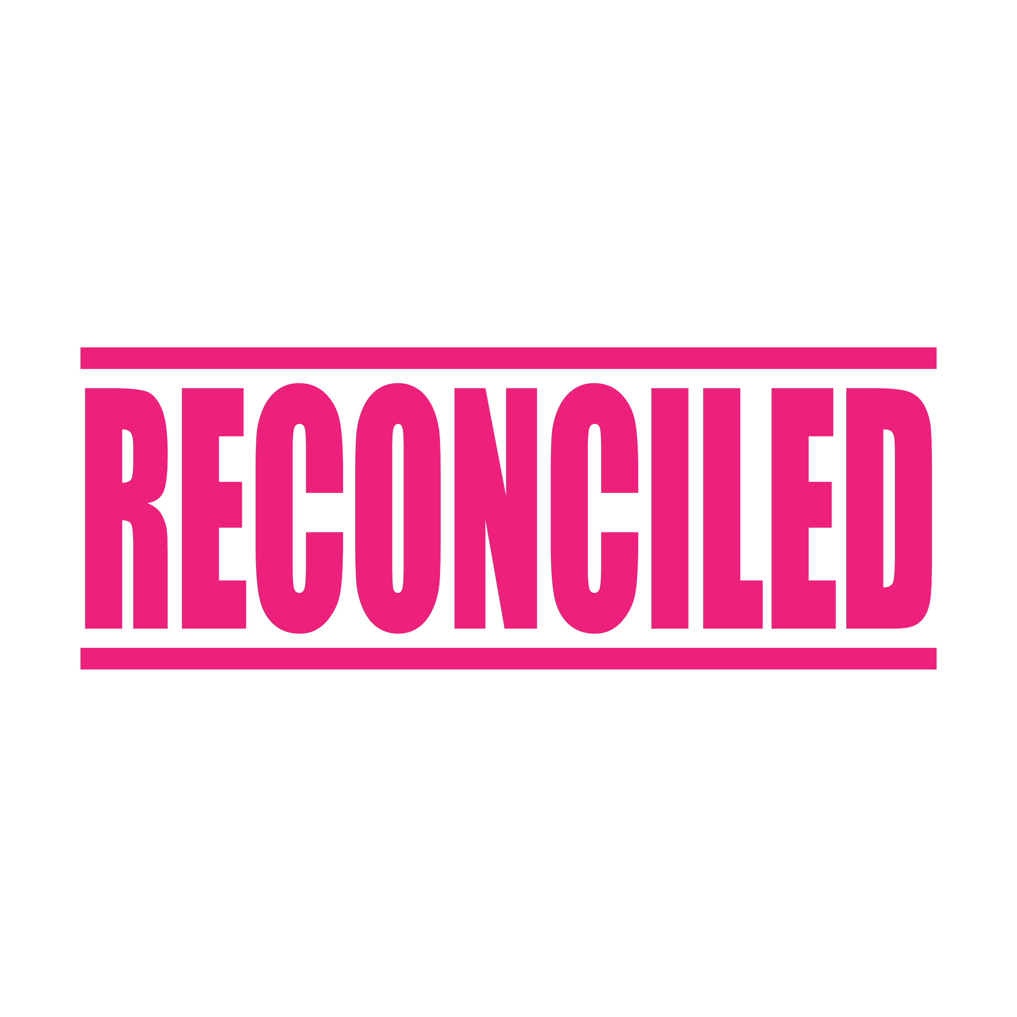 A pink self inking rubber stamp with the word 'RECONCILED' printed in bold capital letters in pink ink. stampers hand stamp office business inventory documents pink ink