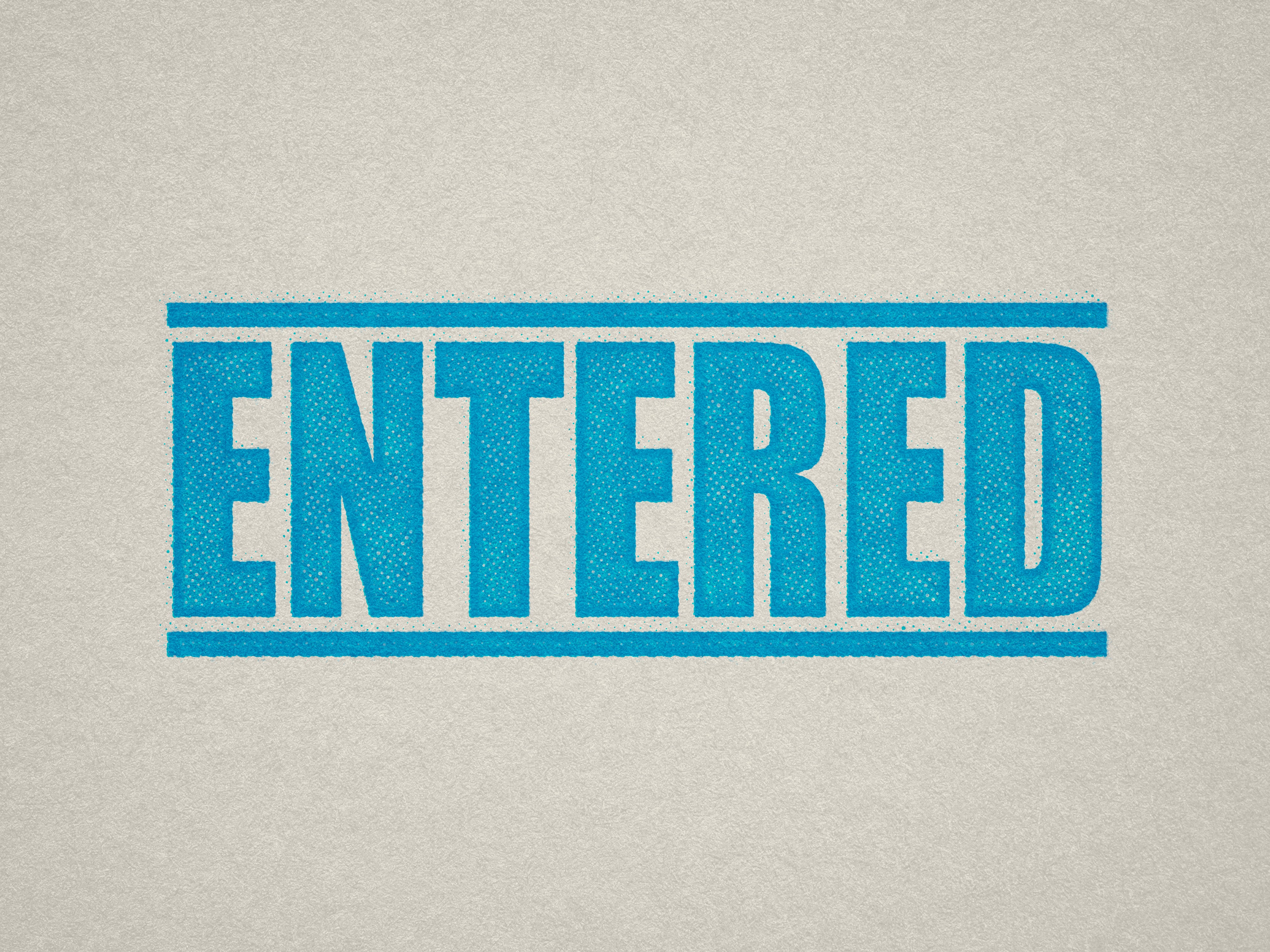 Mock up design or lifestyle image of 'ENTERED' rubber stamp turquoise ink in paper background stampers hand stamp office business inventory documents self inking prefill refillable stamps stamping