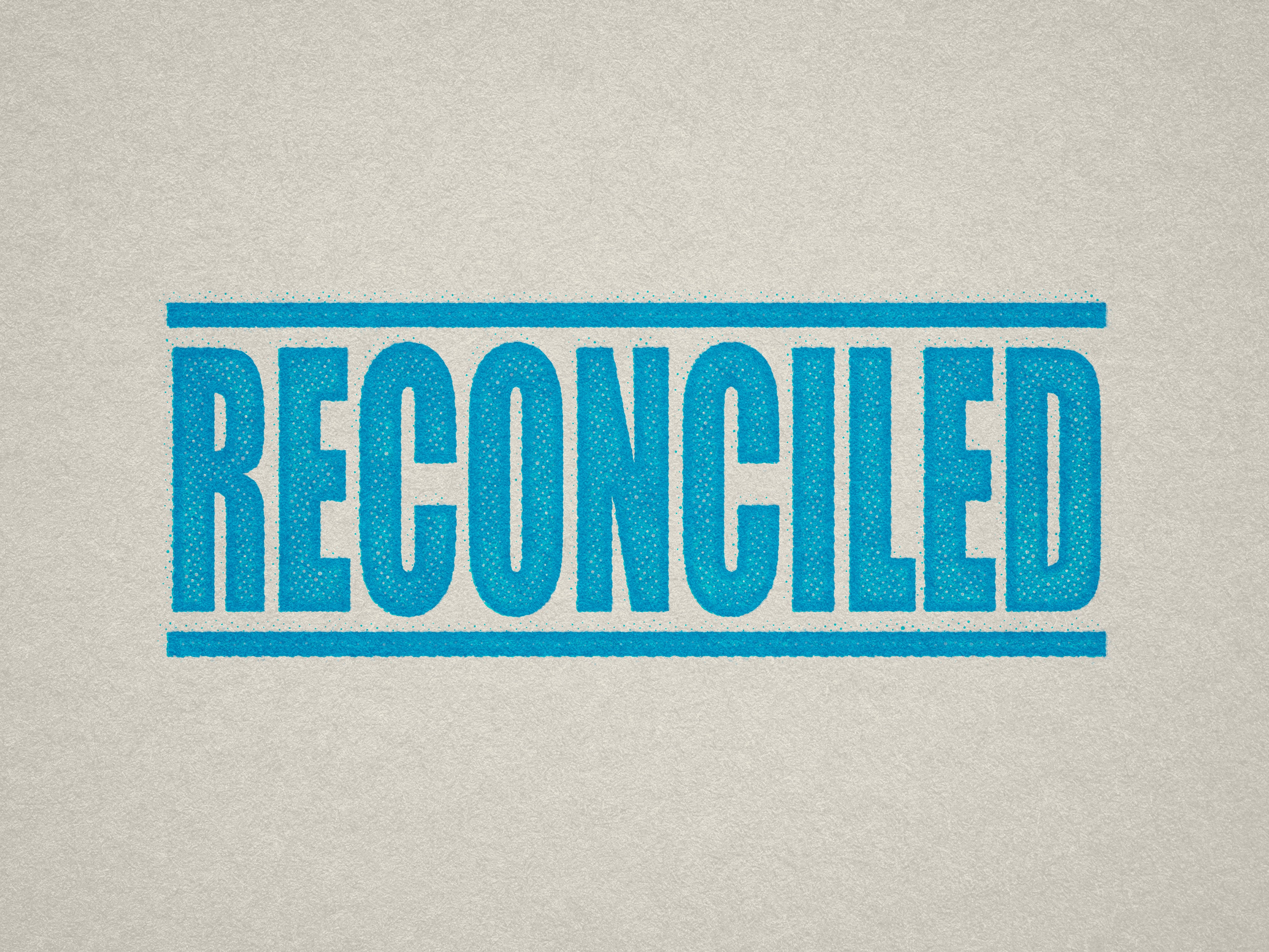 Mock up design or lifestyle image of 'RECONCILED' rubber stamp turquoise ink in paper background stampers hand stamp office business inventory documents self inking prefill refillable stamps stamping