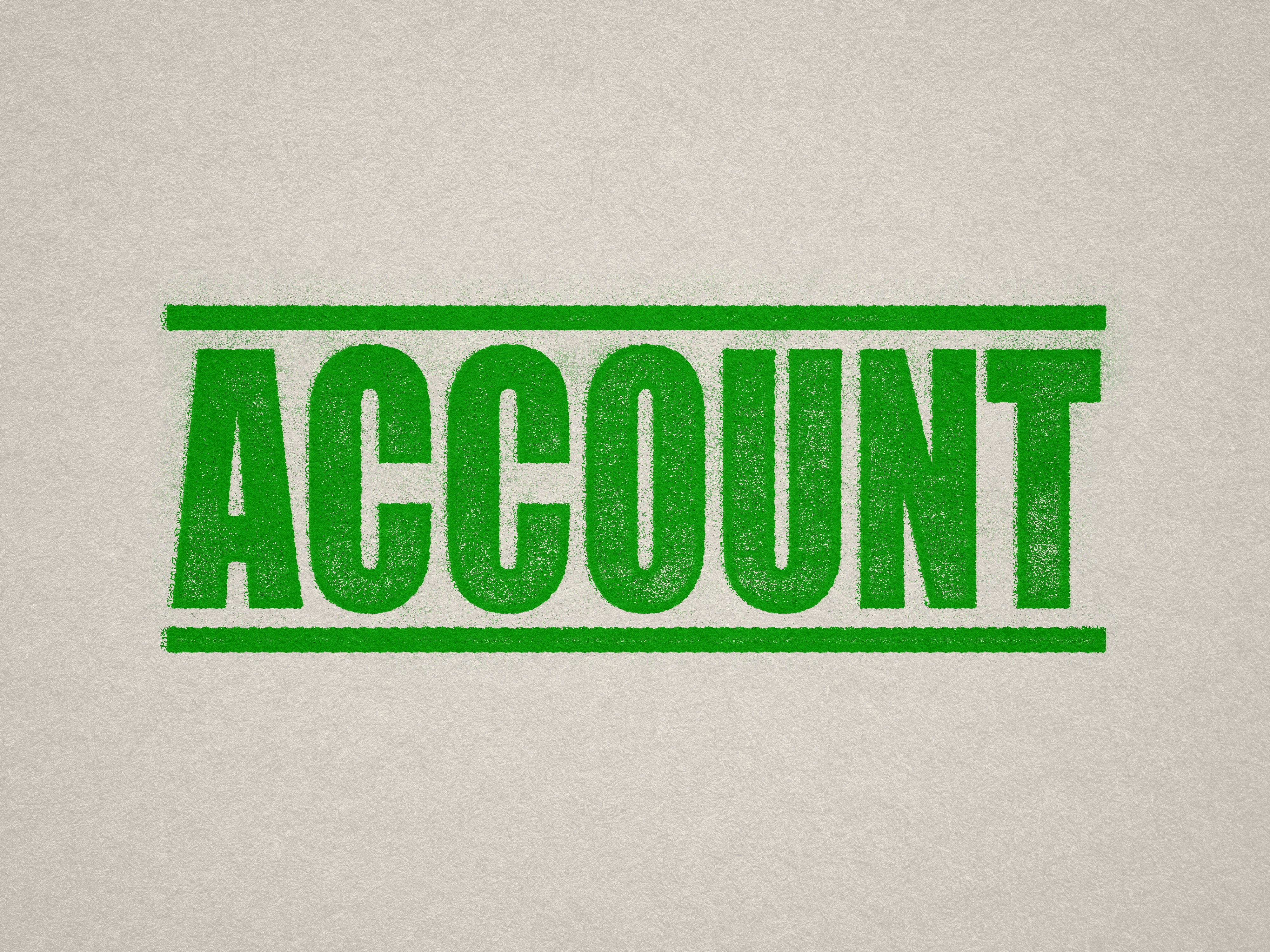 mock up design of 'Account' rubber stamp apple green ink in paper background stampers hand stamp office business inventory documents self inking prefill refillable stamps stamping