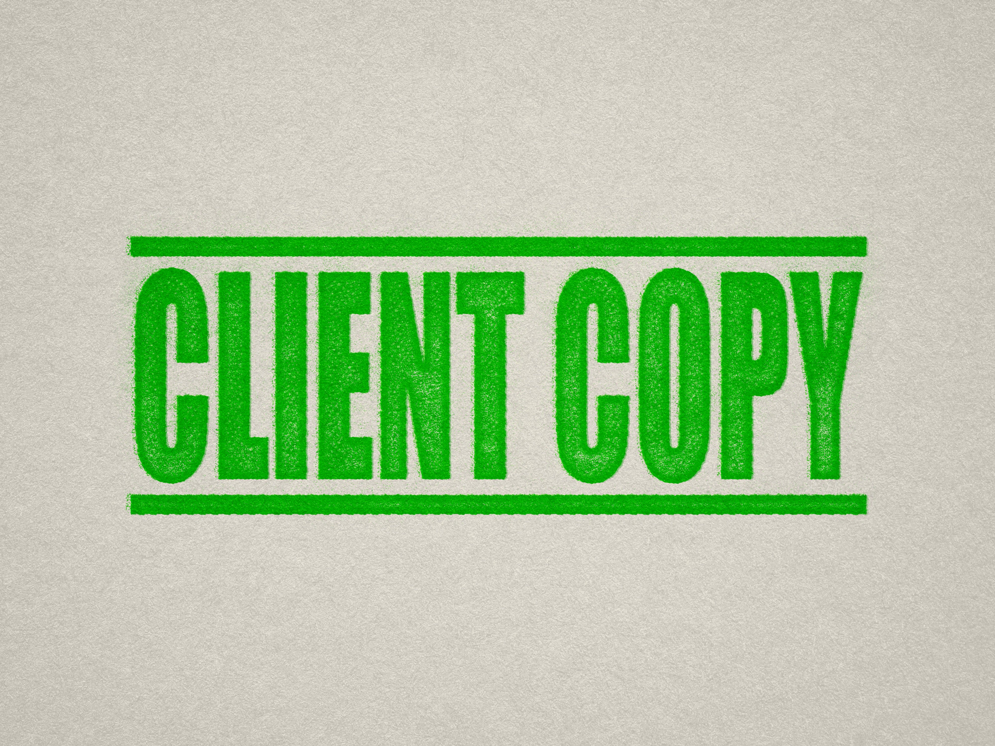 Mock up design or lifestyle image of 'CLIENT COPY' rubber stamp apple green ink in paper background stampers hand stamp office business inventory documents self inking prefill refillable stamps stamping