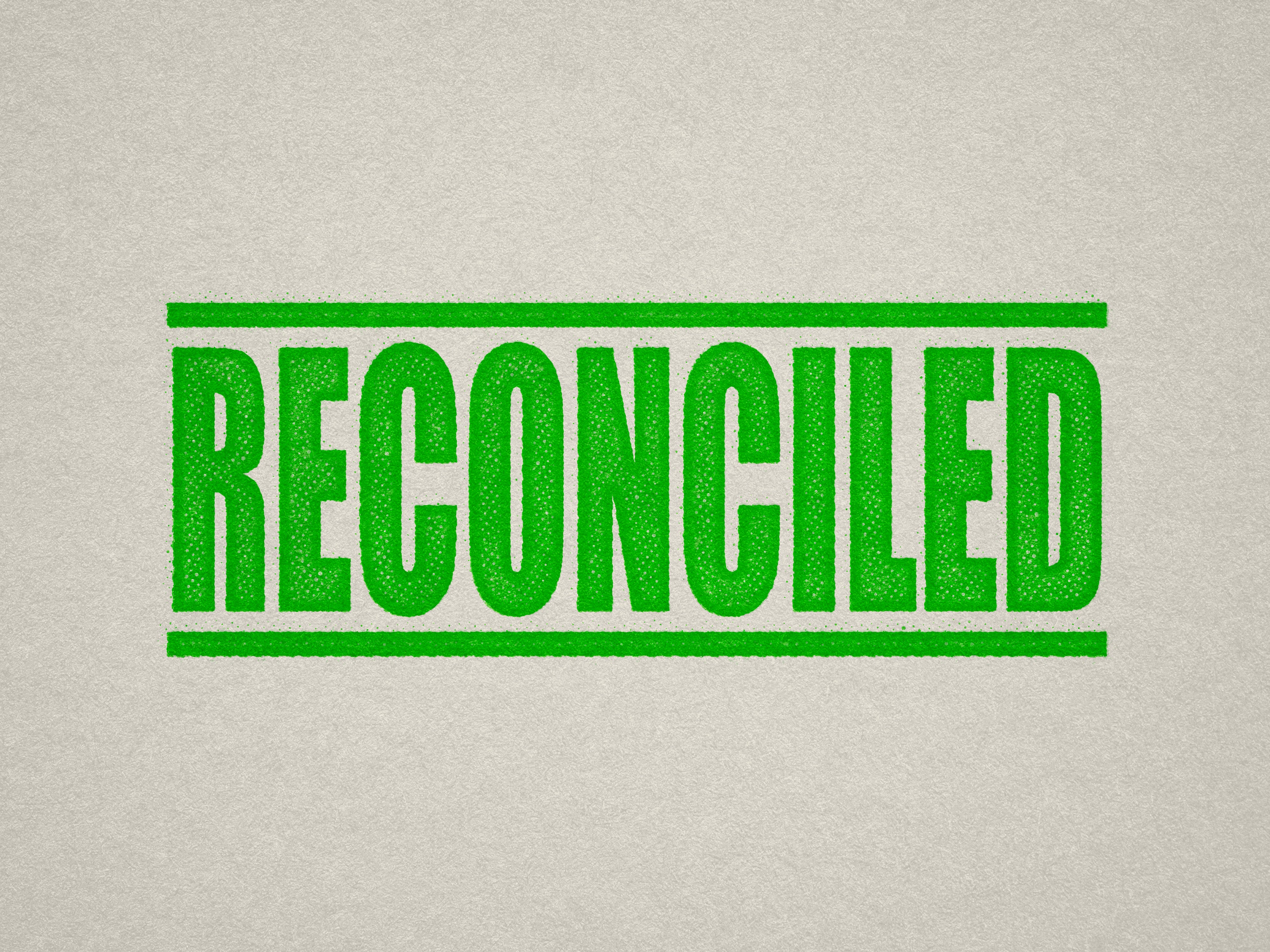 Mock up design or lifestyle image of 'RECONCILED' rubber stamp apple green ink in paper background stampers hand stamp office business inventory documents self inking prefill refillable stamps stamping