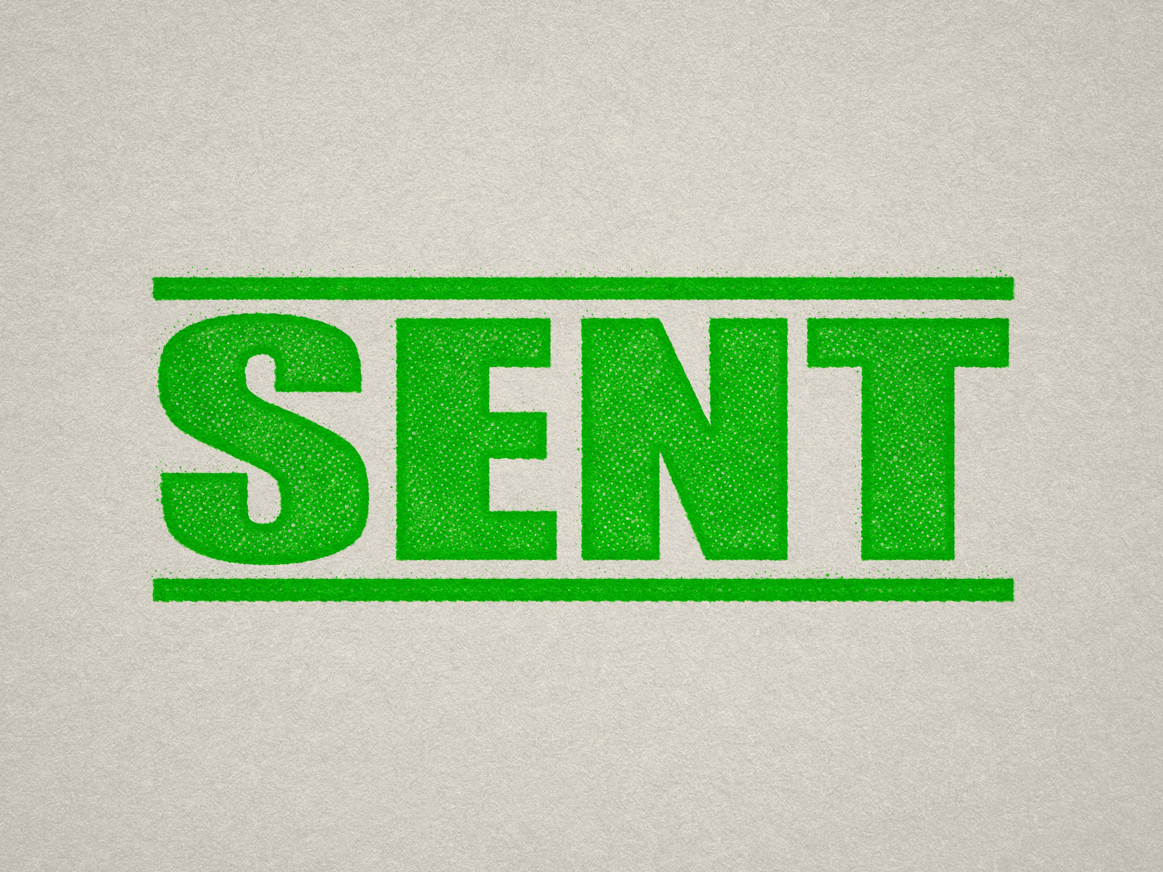 mock up design of 'Sent' rubber stamp apple green ink in paper background stampers hand stamp office business inventory documents self inking prefill refillable stamps stamping
