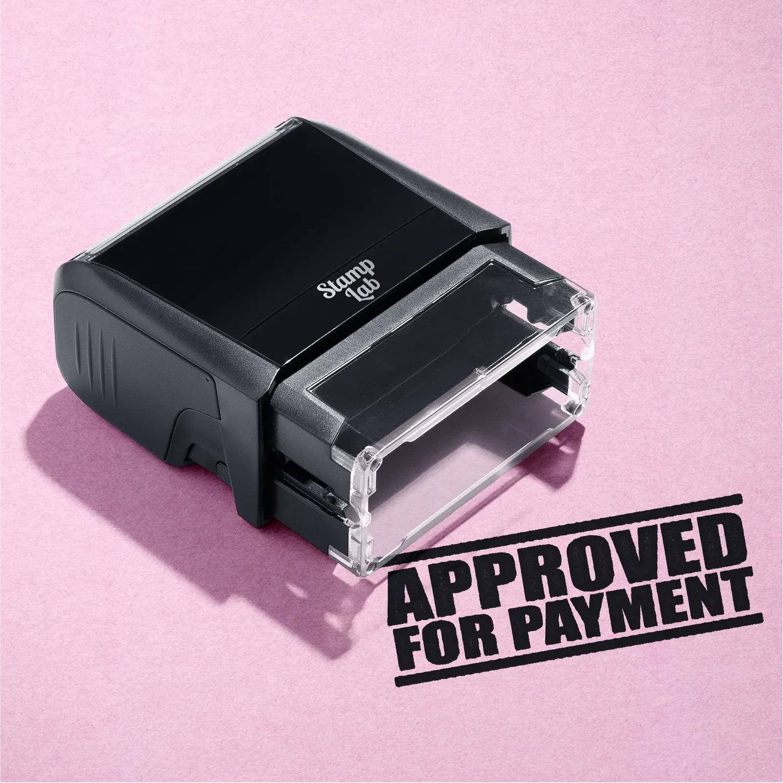 mock up design or lifestyle image of 'Approved For Payment' rubber stamp blackink in paper background stampers hand stamp office business inventory documents
