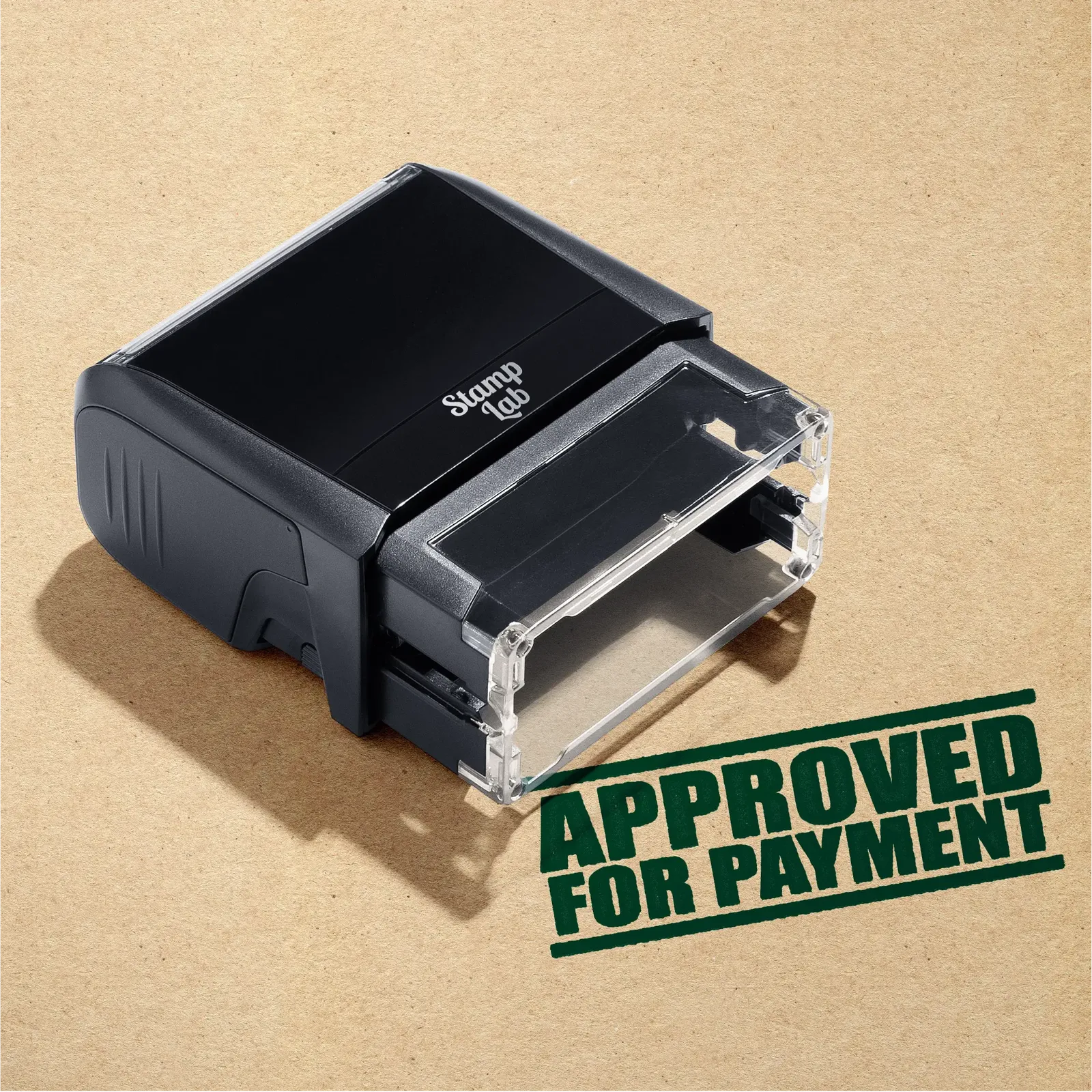 mock up design or lifestyle image of 'Approved For Payment' rubber stamp green ink in paper background stampers hand stamp office business inventory documents
