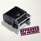 mock up design or lifestyle image of 'Approved For Payment' rubber stamp maroon ink in paper background stampers hand stamp office business inventory documents
