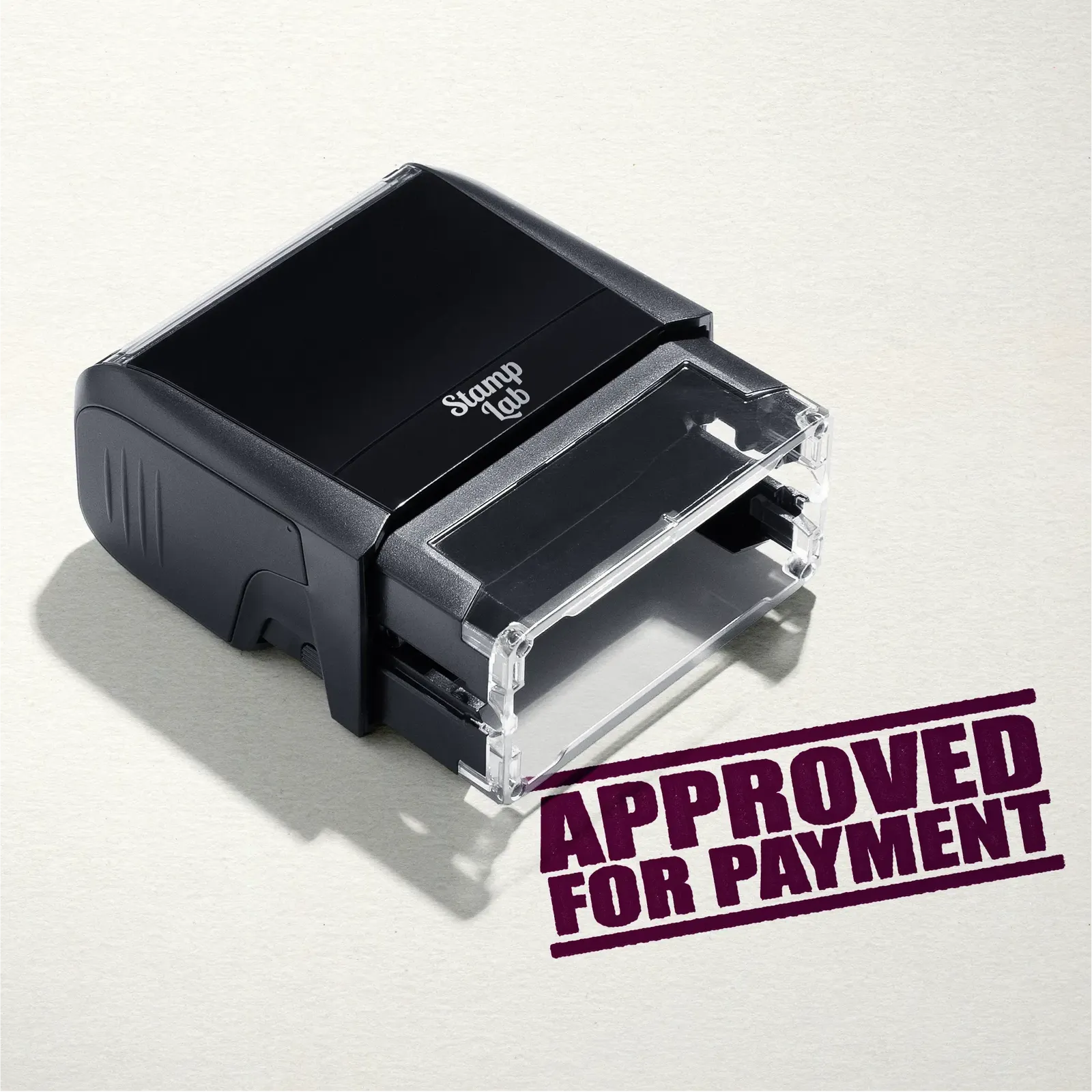 mock up design or lifestyle image of 'Approved For Payment' rubber stamp maroon ink in paper background stampers hand stamp office business inventory documents
