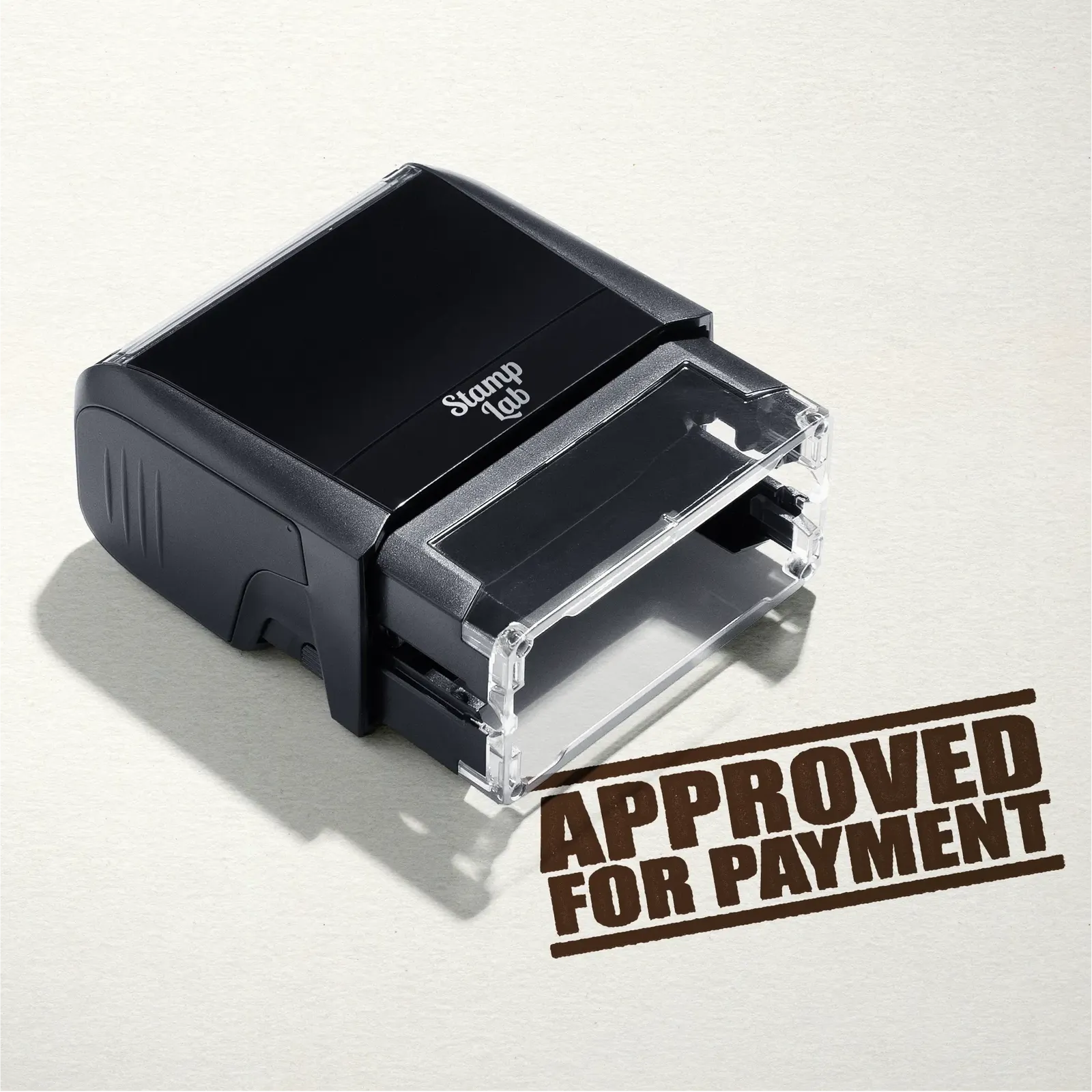mock up design or lifestyle image of 'Approved For Payment' rubber stamp brown ink in paper background stampers hand stamp office business inventory documents
