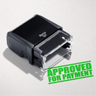 mock up design or lifestyle image of 'Approved For Payment' rubber stamp apple green ink in paper background stampers hand stamp office business inventory documents
