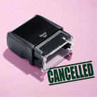 mock up design or lifestyle image of 'Cancelled' rubber stamp green ink in paper background stampers hand stamp office business inventory documents self inking prefill refillable stamps stamping 
