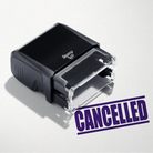 mock up design or lifestyle image of 'Cancelled' rubber stamp violet ink in paper background stampers hand stamp office business inventory documents self inking prefill refillable stamps stamping purple
