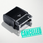 mock up design or lifestyle image of 'Cancelled' rubber stamp mint ink in paper background stampers hand stamp office business inventory documents self inking prefill refillable stamps stamping 
