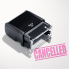 mock up design or lifestyle image of 'Cancelled' rubber stamp pink ink in paper background stampers hand stamp office business inventory documents self inking prefill refillable stamps stamping 
