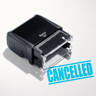 mock up design or lifestyle image of 'Cancelled' rubber stamp turquoise ink in paper background stampers hand stamp office business inventory documents self inking prefill refillable stamps stamping 
