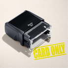 mock up design or lifestyle image of 'Card Only' rubber stamp yellow ink in paper background stampers hand stamp office business inventory documents

