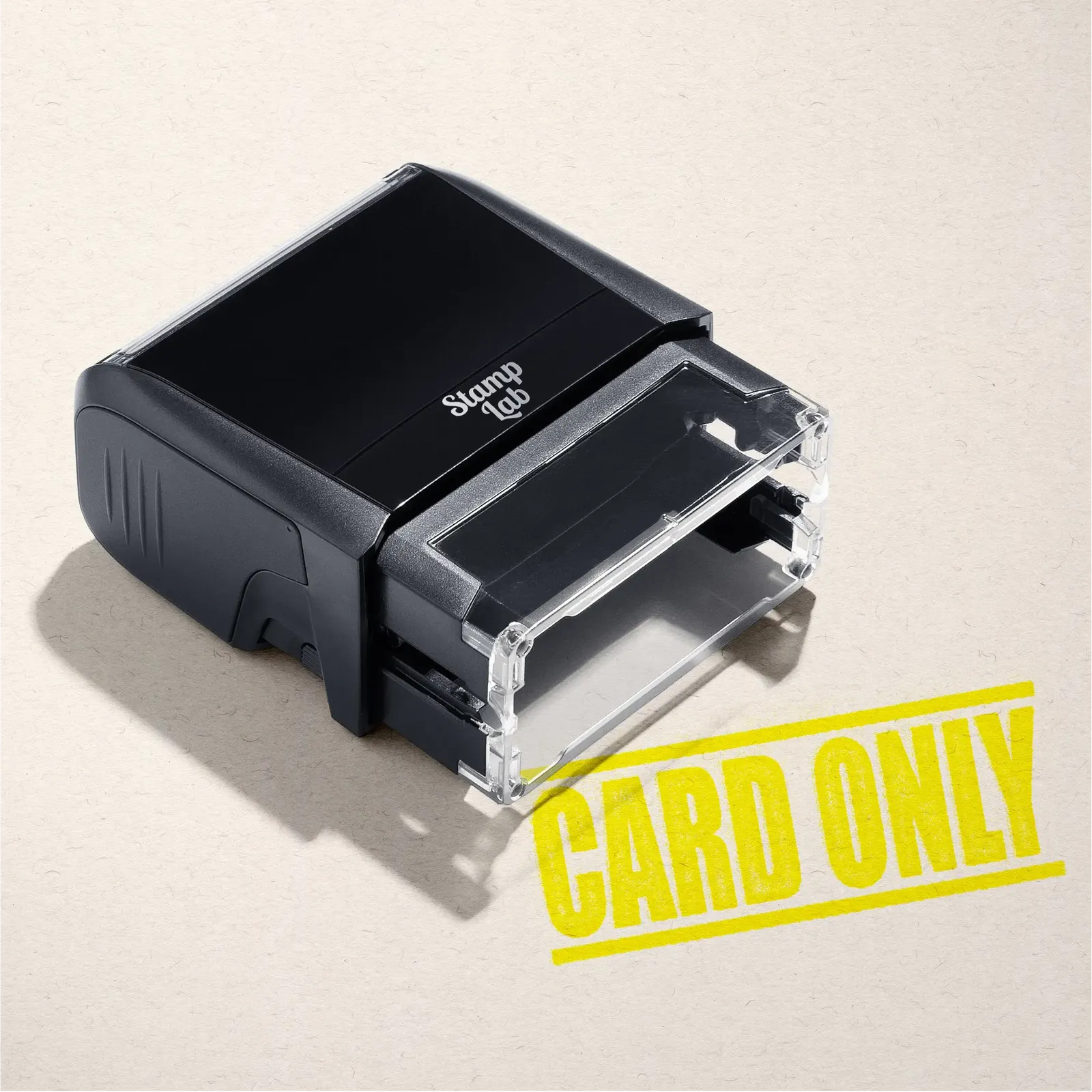mock up design or lifestyle image of 'Card Only' rubber stamp yellow ink in paper background stampers hand stamp office business inventory documents
