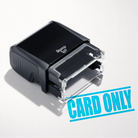 mock up design or lifestyle image of 'Card Only' rubber stamp turquoise ink in paper background stampers hand stamp office business inventory documents
