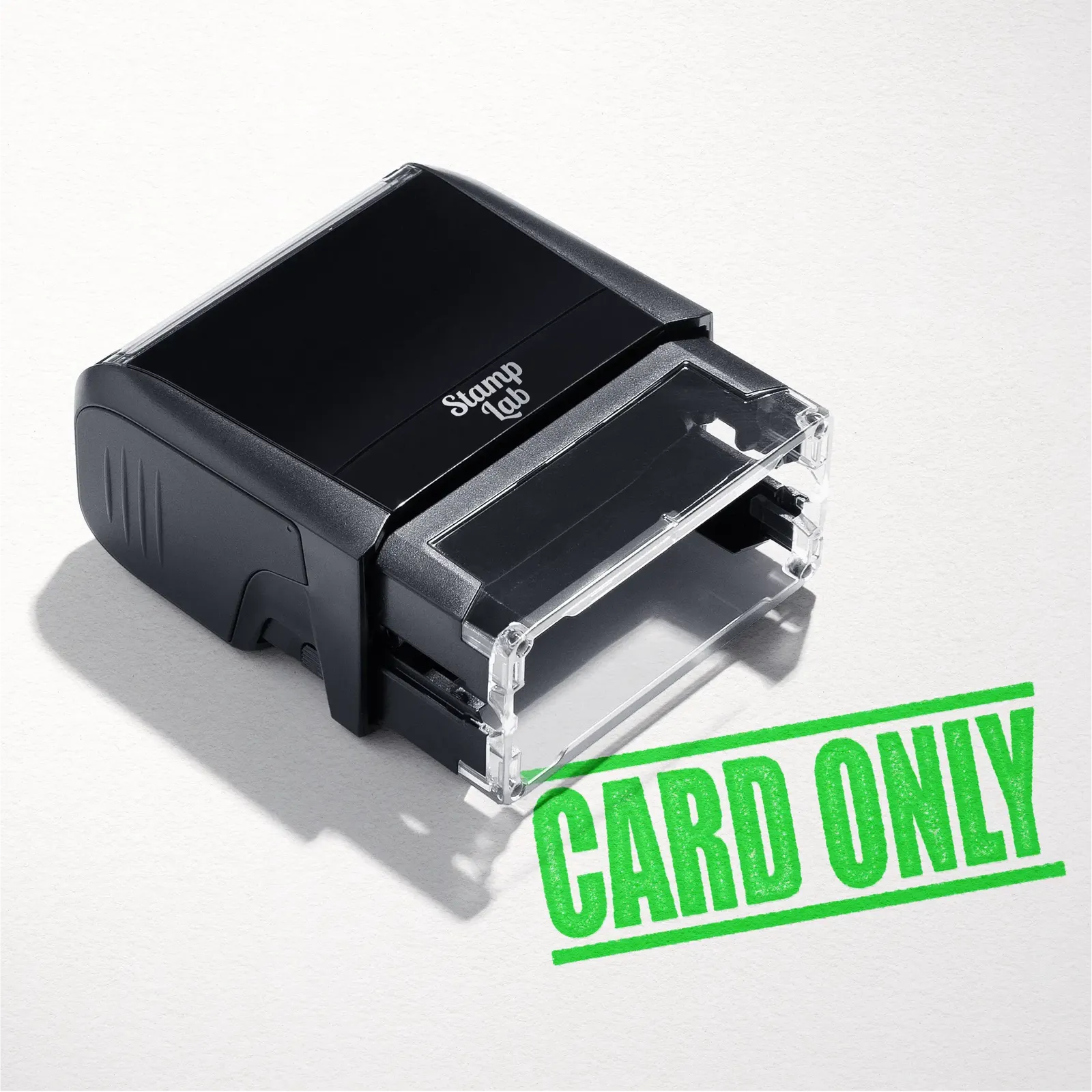 mock up design or lifestyle image of 'Card Only' rubber stamp apple green ink in paper background stampers hand stamp office business inventory documents
