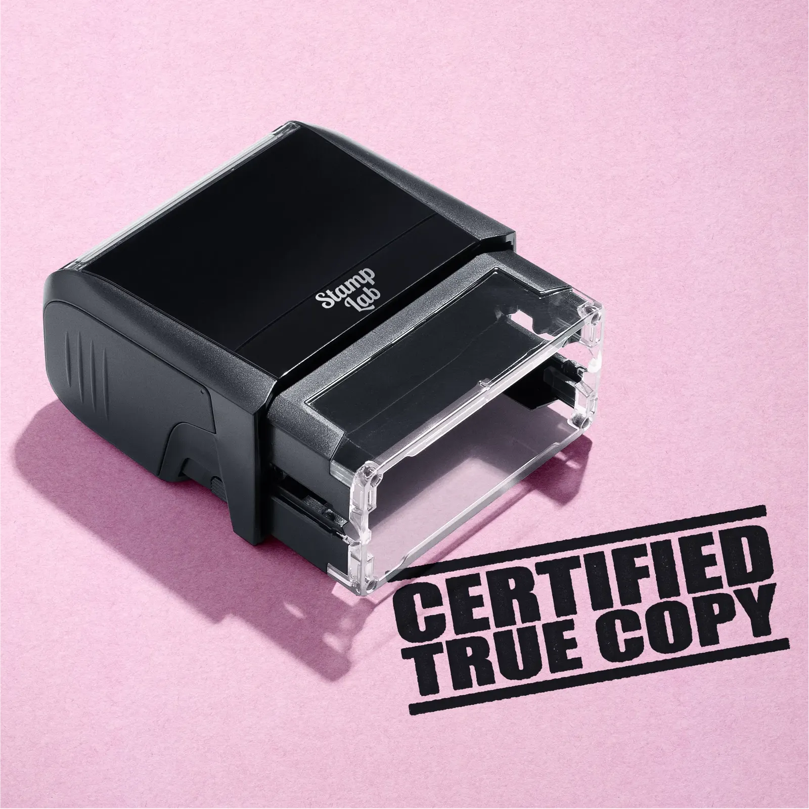 mock up design or lifestyle image of 'Certified True Copy' rubber stamp black ink in paper background stampers hand stamp office business inventory documents self inking prefill refillable stamps stamping 
