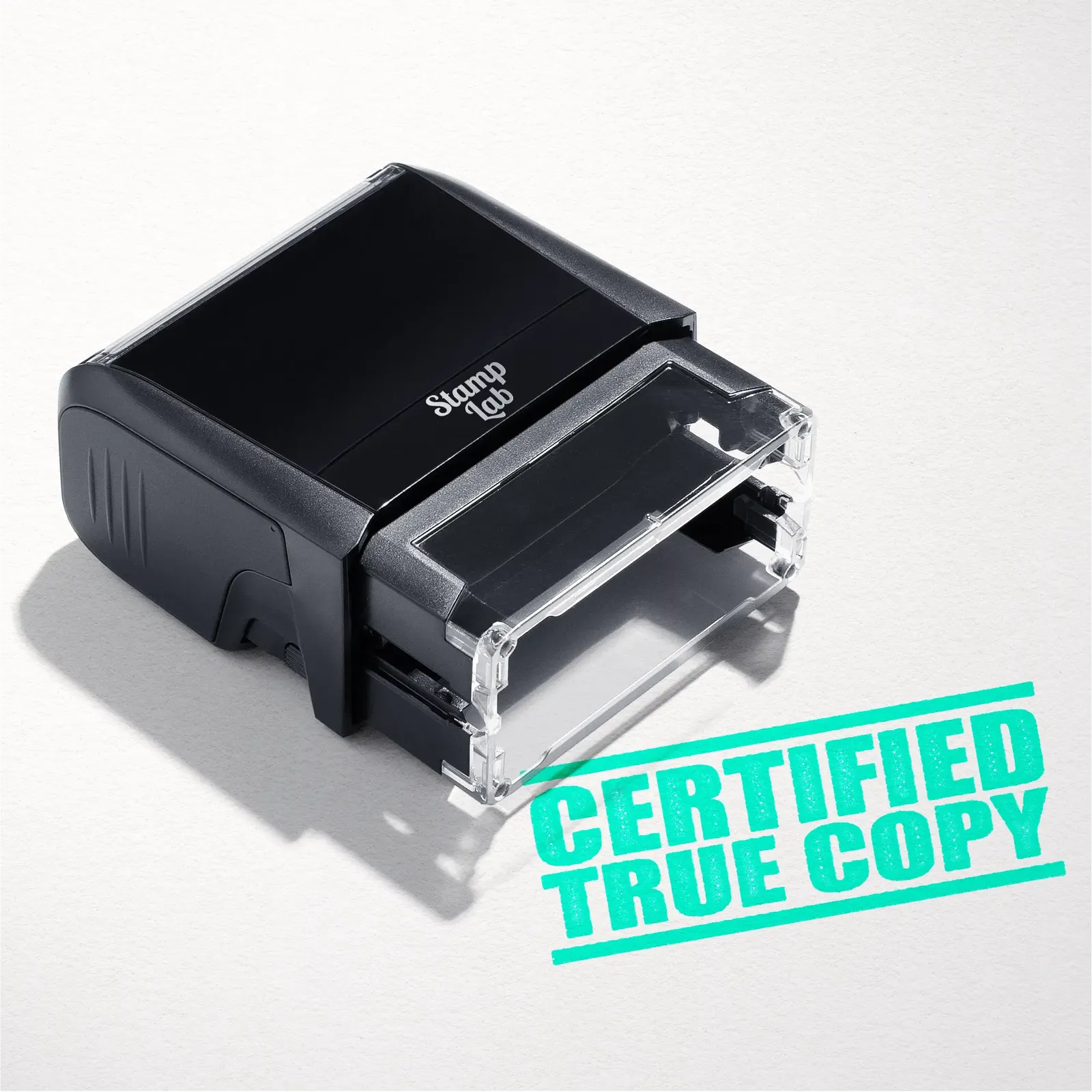mock up design or lifestyle image of 'Certified True Copy' rubber stamp mint ink in paper background stampers hand stamp office business inventory documents self inking prefill refillable stamps stamping 
