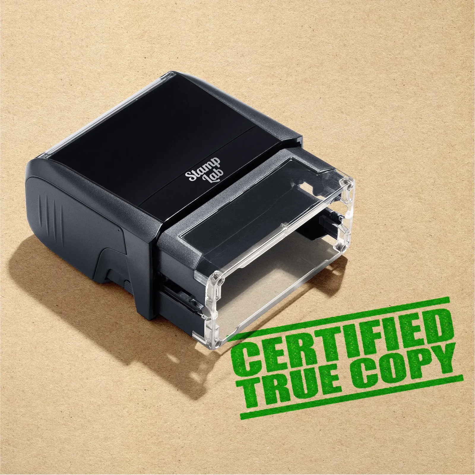 mock up design or lifestyle image of 'Certified True Copy' rubber stamp apple green ink in paper background stampers hand stamp office business inventory documents self inking prefill refillable stamps stamping 
