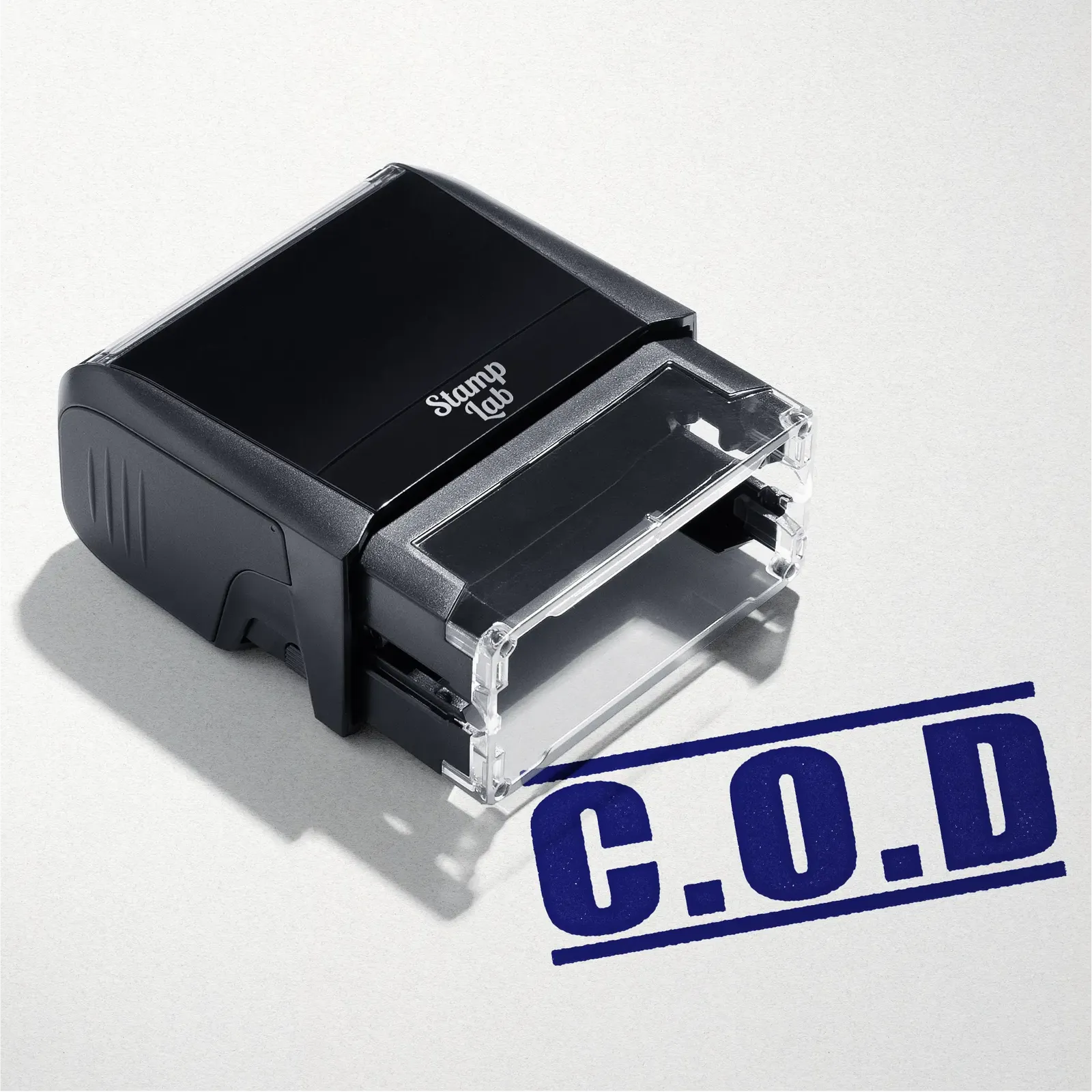 mock up design or lifestyle image of COD rubber stamp blue ink in paper background stampers hand stamp office business inventory documents
