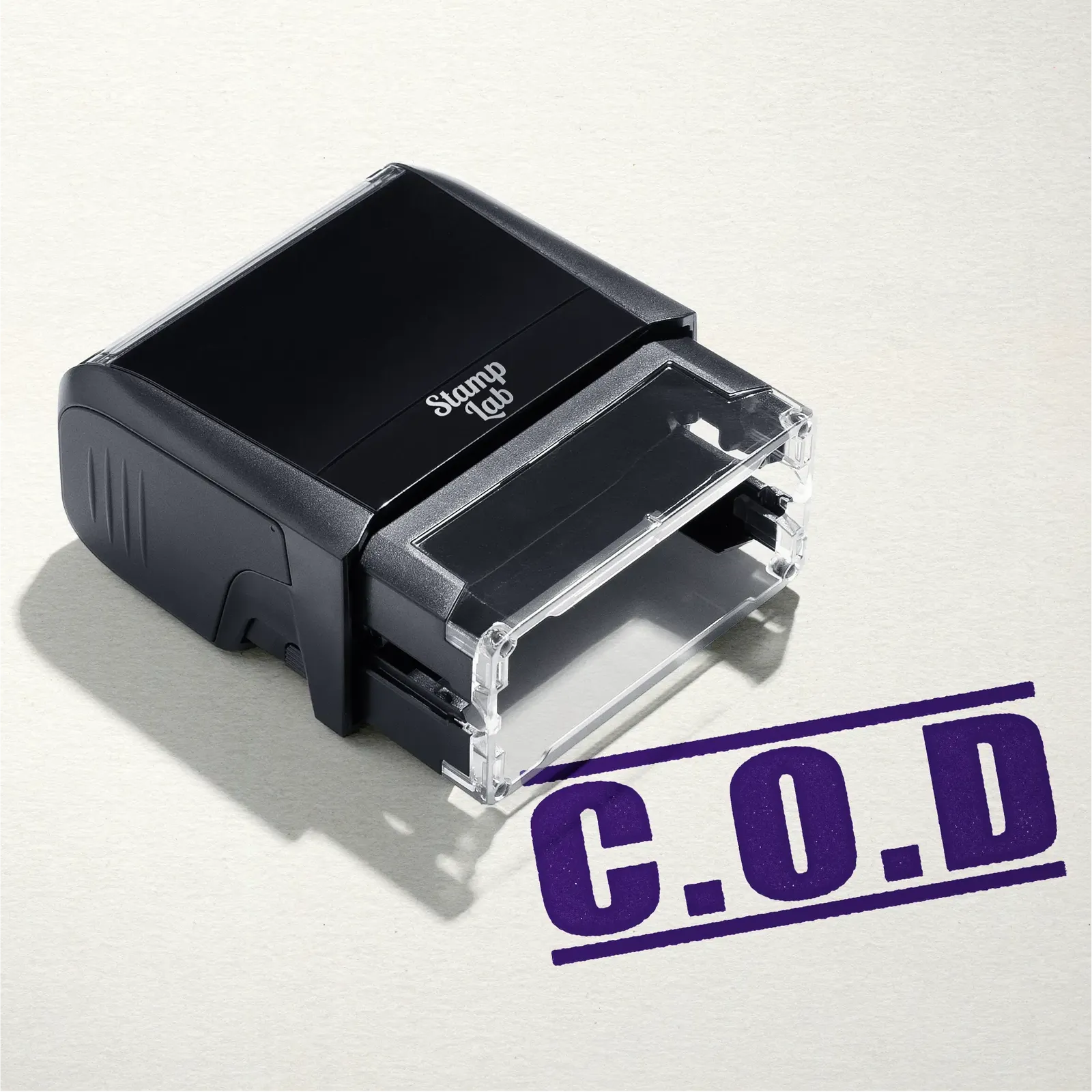 mock up design or lifestyle image of COD rubber stamp violet ink in paper background stampers hand stamp office business inventory documents purple
