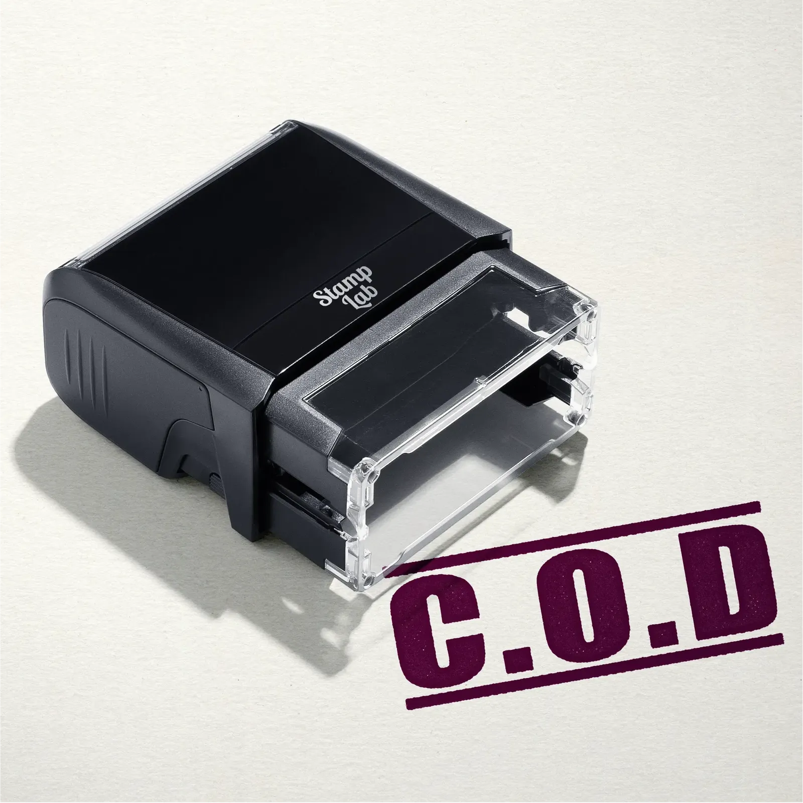 mock up design or lifestyle image of COD rubber stamp maroon ink in paper background stampers hand stamp office business inventory documents
