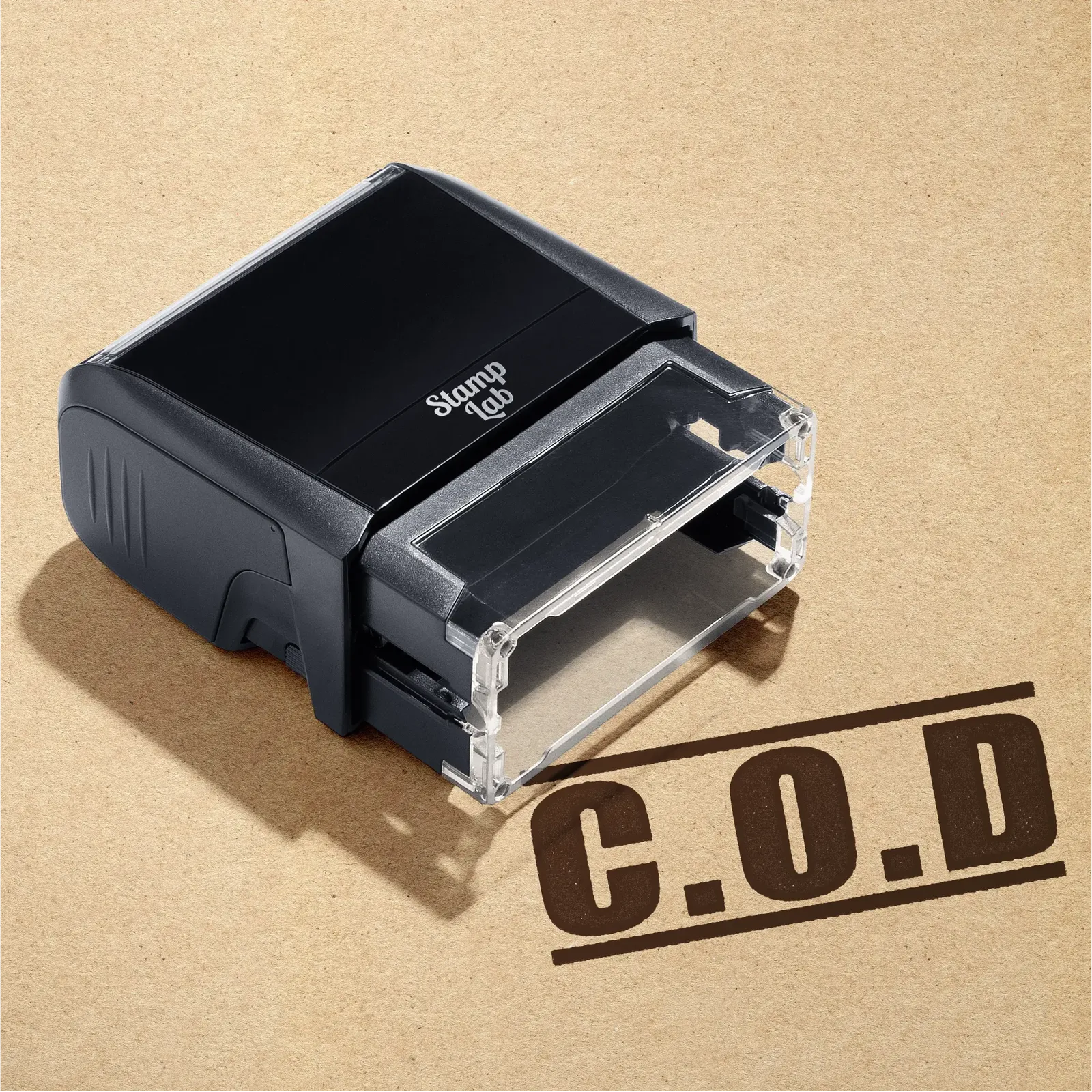 mock up design or lifestyle image of COD rubber stamp brown ink in paper background stampers hand stamp office business inventory documents
