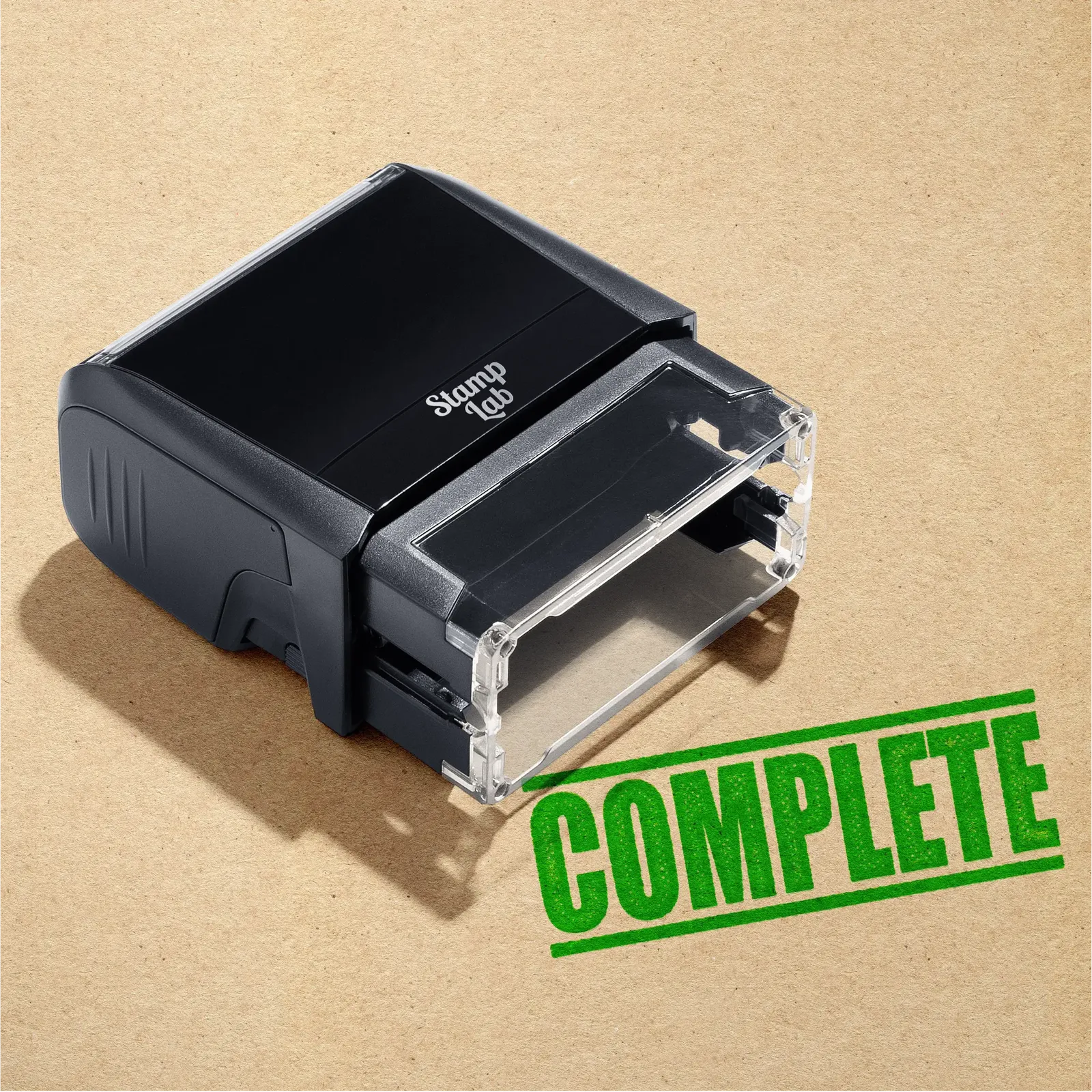 mock up design or lifestyle image of 'Complete' rubber stamp apple green ink in paper background stampers hand stamp office business inventory documents
