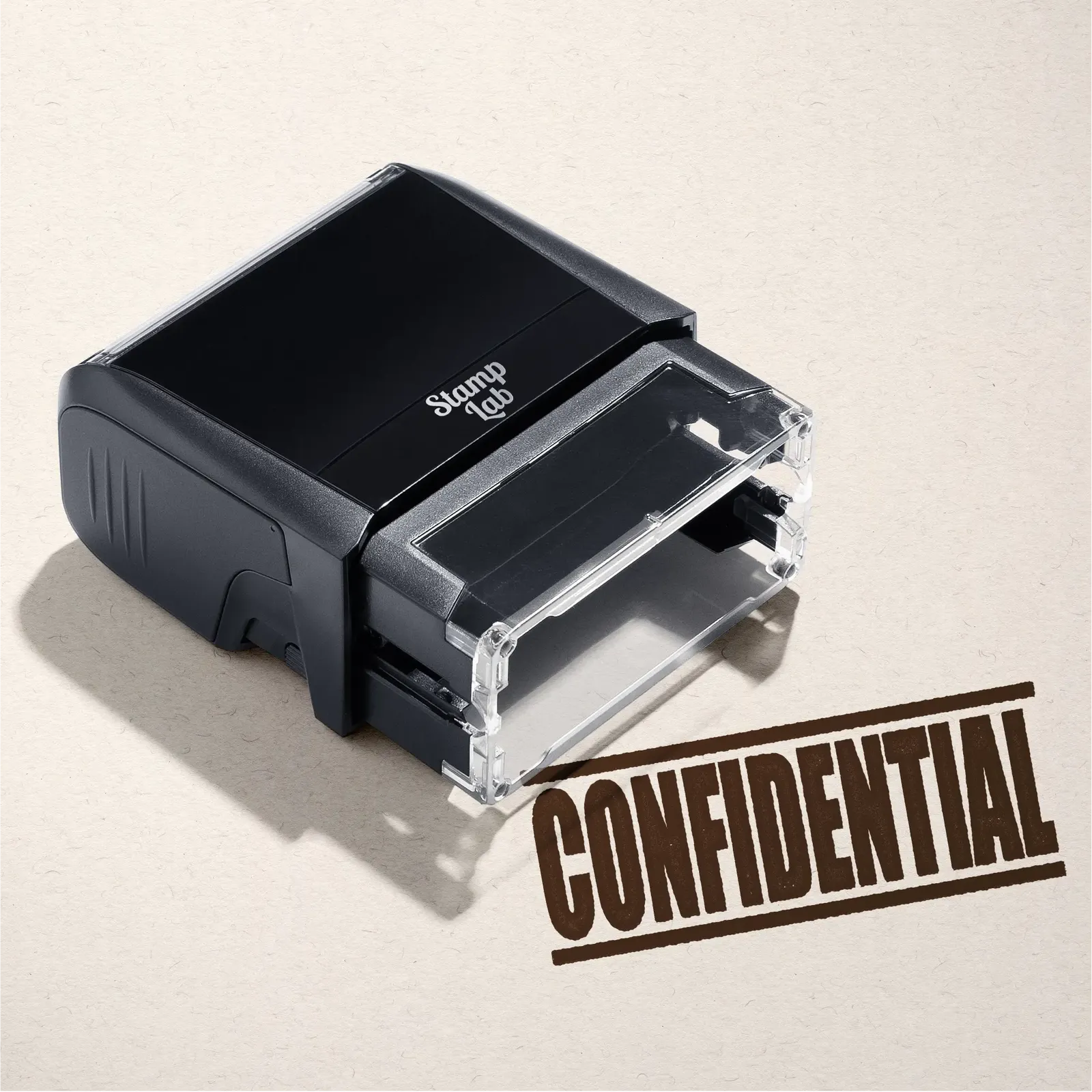 mock up design or lifestyle image of 'Confidential' rubber stamp brown ink in paper background stampers hand stamp office business inventory documents self inking prefill refillable stamps stamping 
