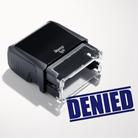 mock up design or lifestyle image of 'Denied' rubber stamp blue ink in paper background stampers hand stamp office business inventory documents self inking prefill refillable stamps stamping 
