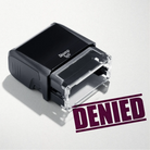 mock up design or lifestyle image of 'Denied' rubber stamp maroon ink in paper background stampers hand stamp office business inventory documents self inking prefill refillable stamps stamping 
